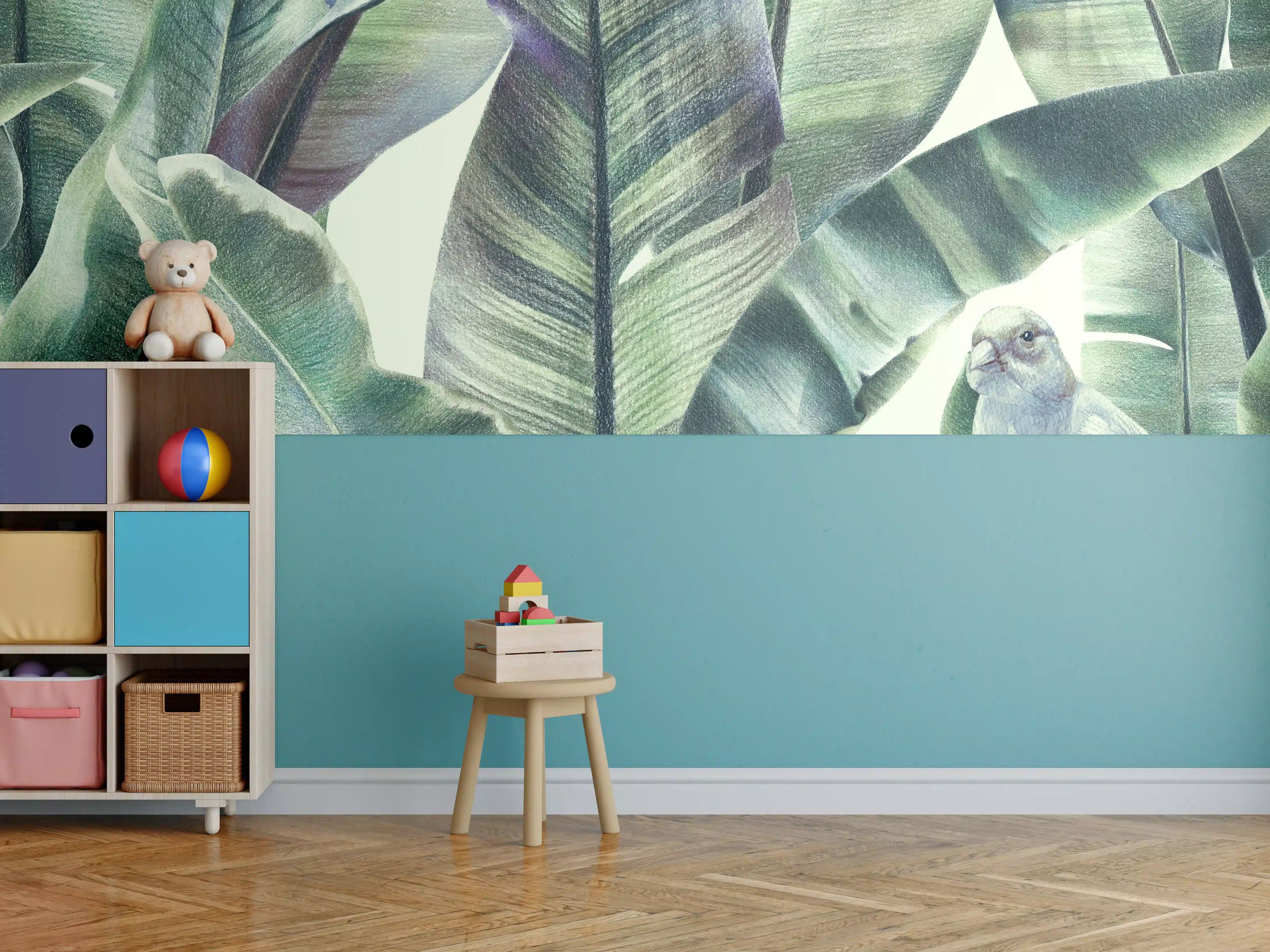 Kinderzimmer Wandgestaltung - Aquarell - exotischen Vögel auf Bananenblättern