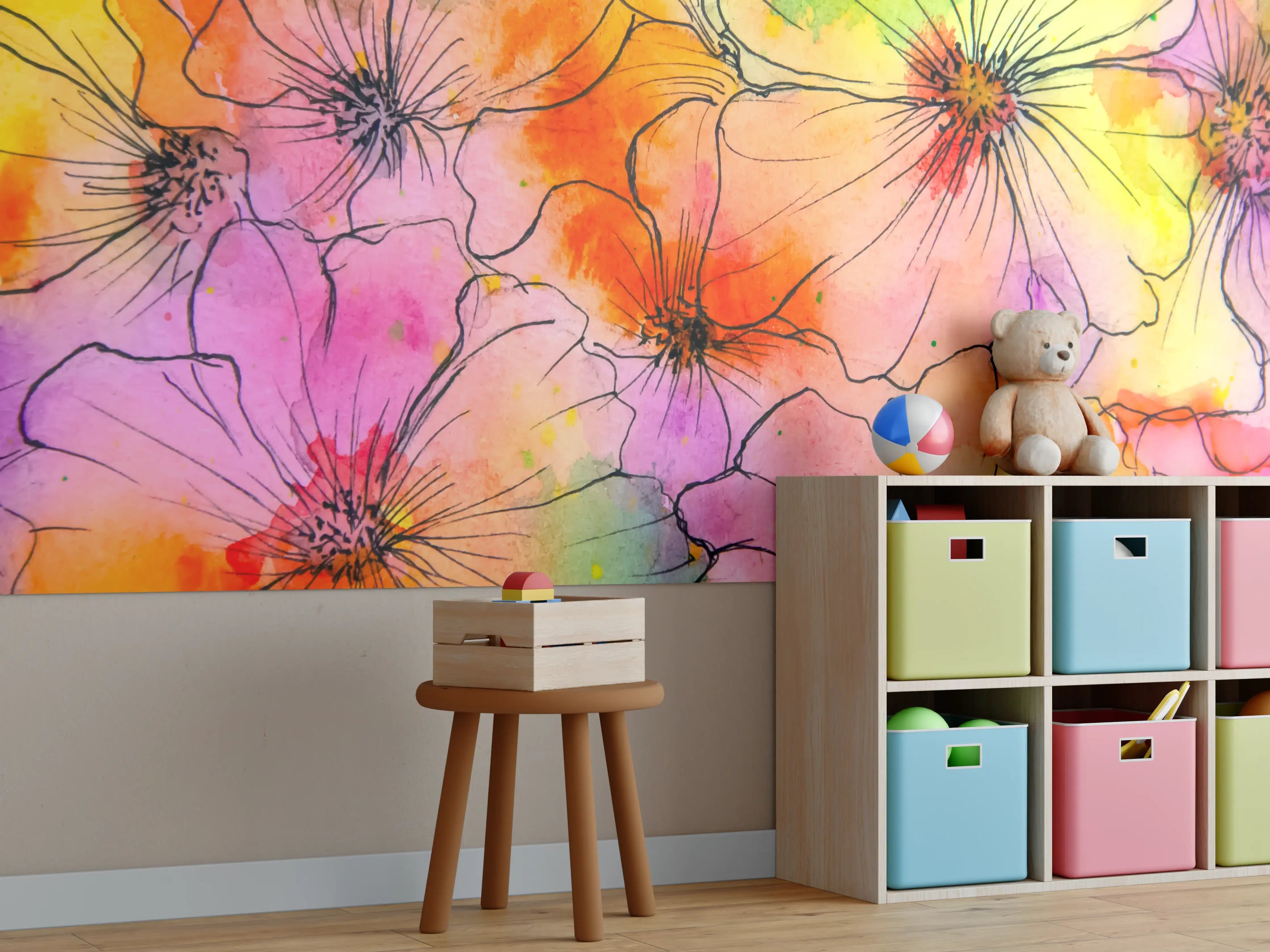 Kinderzimmer Wandgestaltung - Aquarell Blumen Malerei