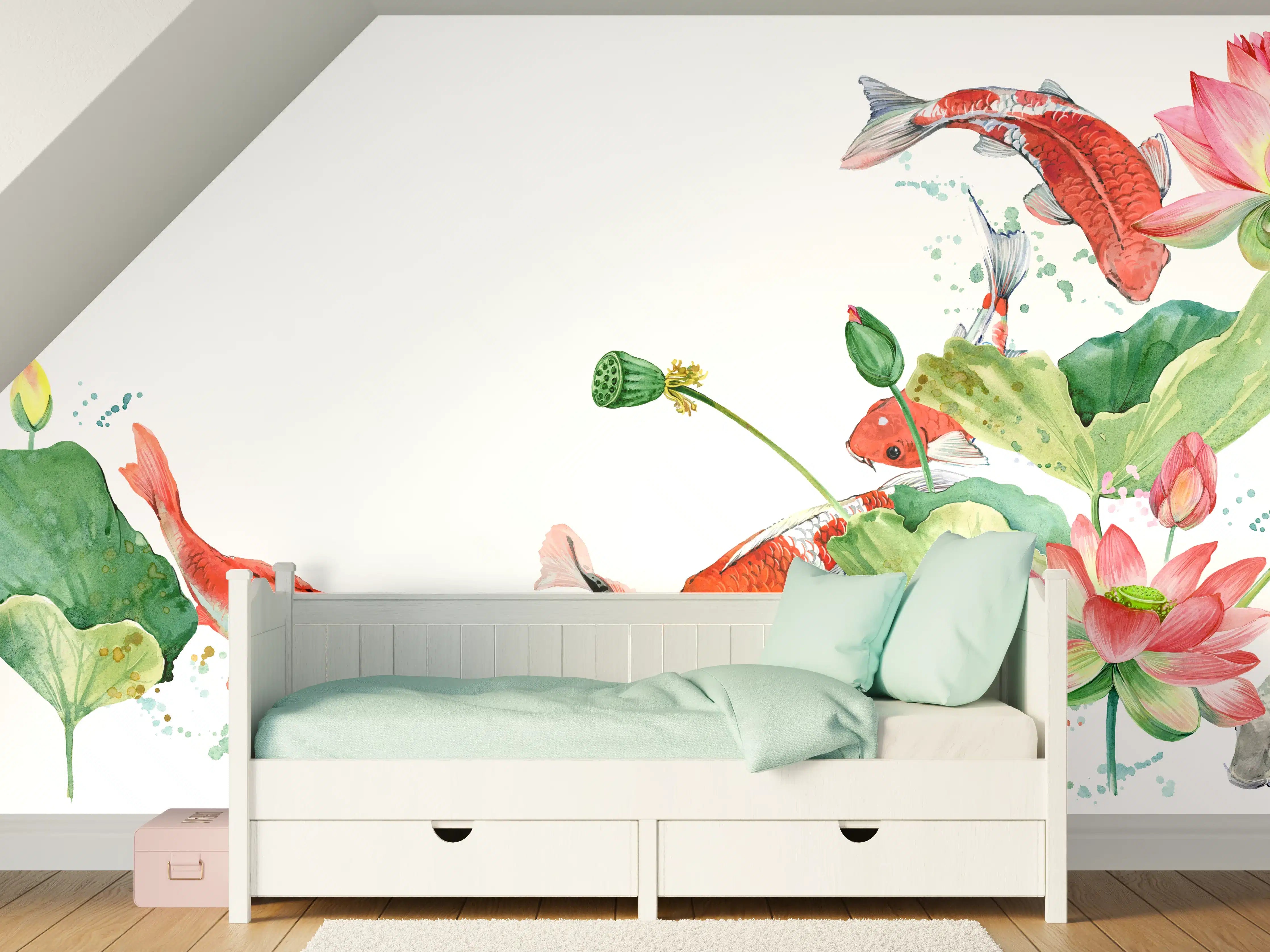 Kinderzimmer Wandgestaltung - Aquarell Koi Karpfen und Lotusblume
