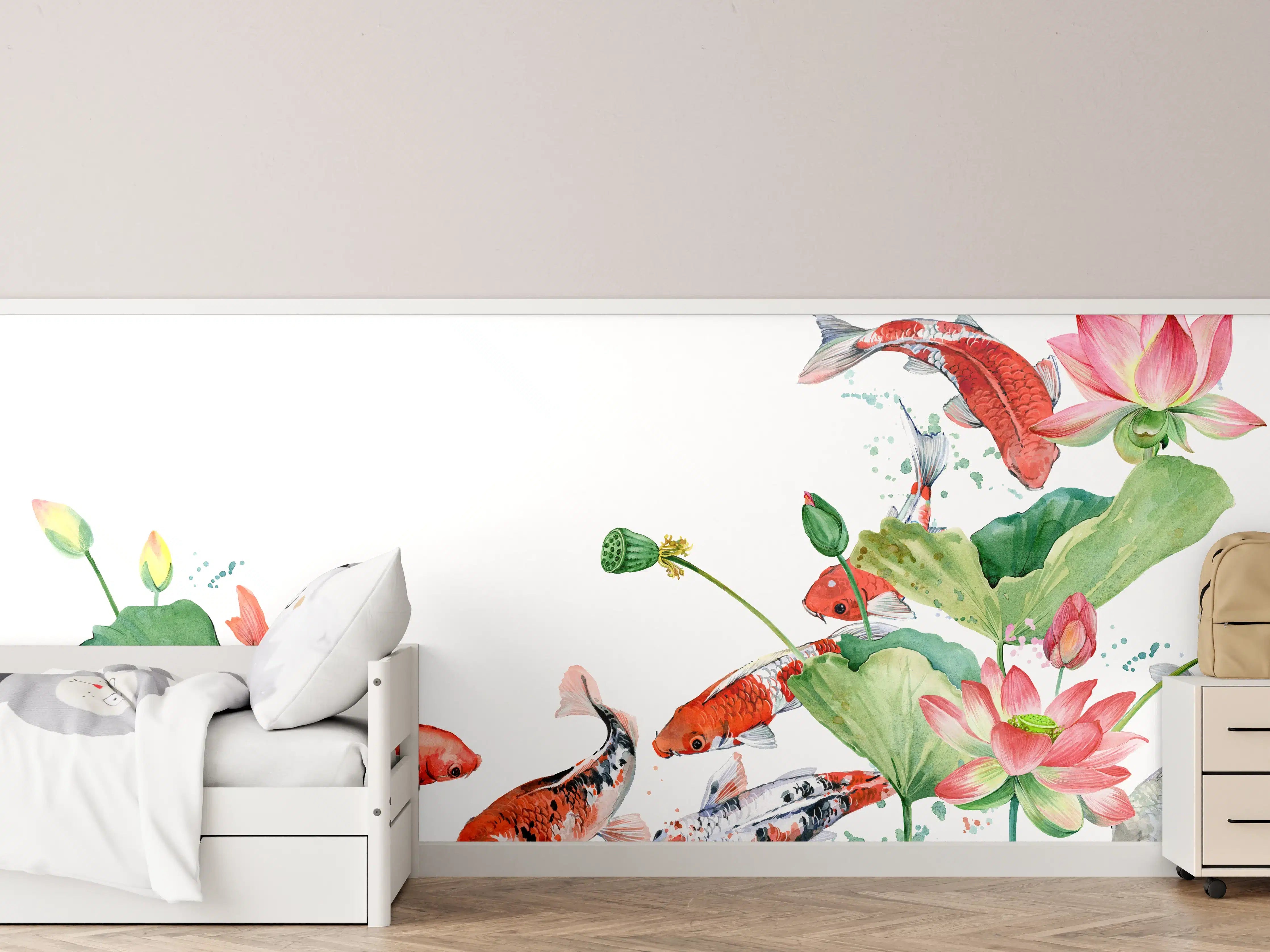 Kinderzimmer Wandgestaltung - Aquarell Koi Karpfen und Lotusblume