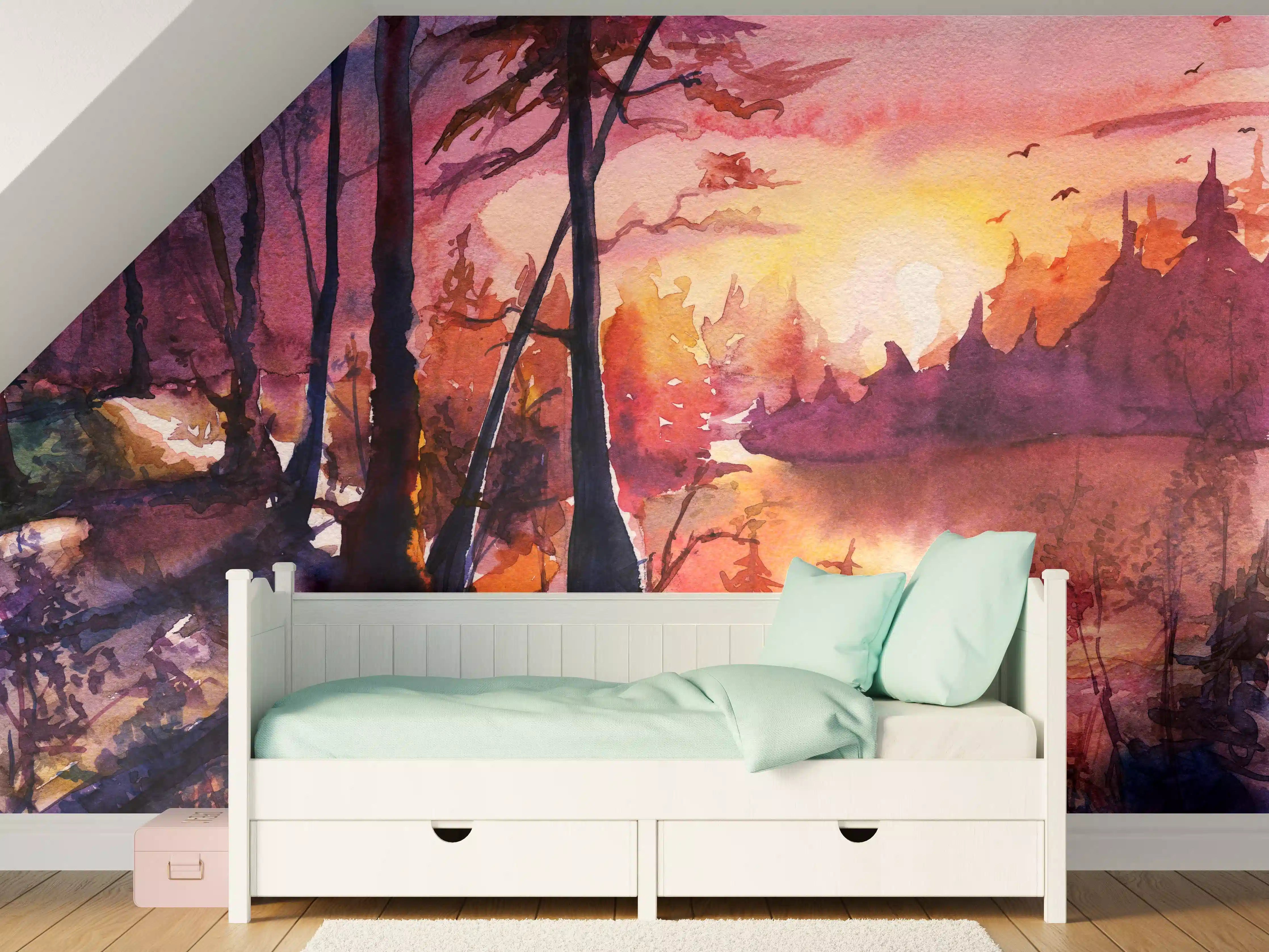 Kinderzimmer Wandgestaltung - Aquarell Waldlandschaft Malerei
