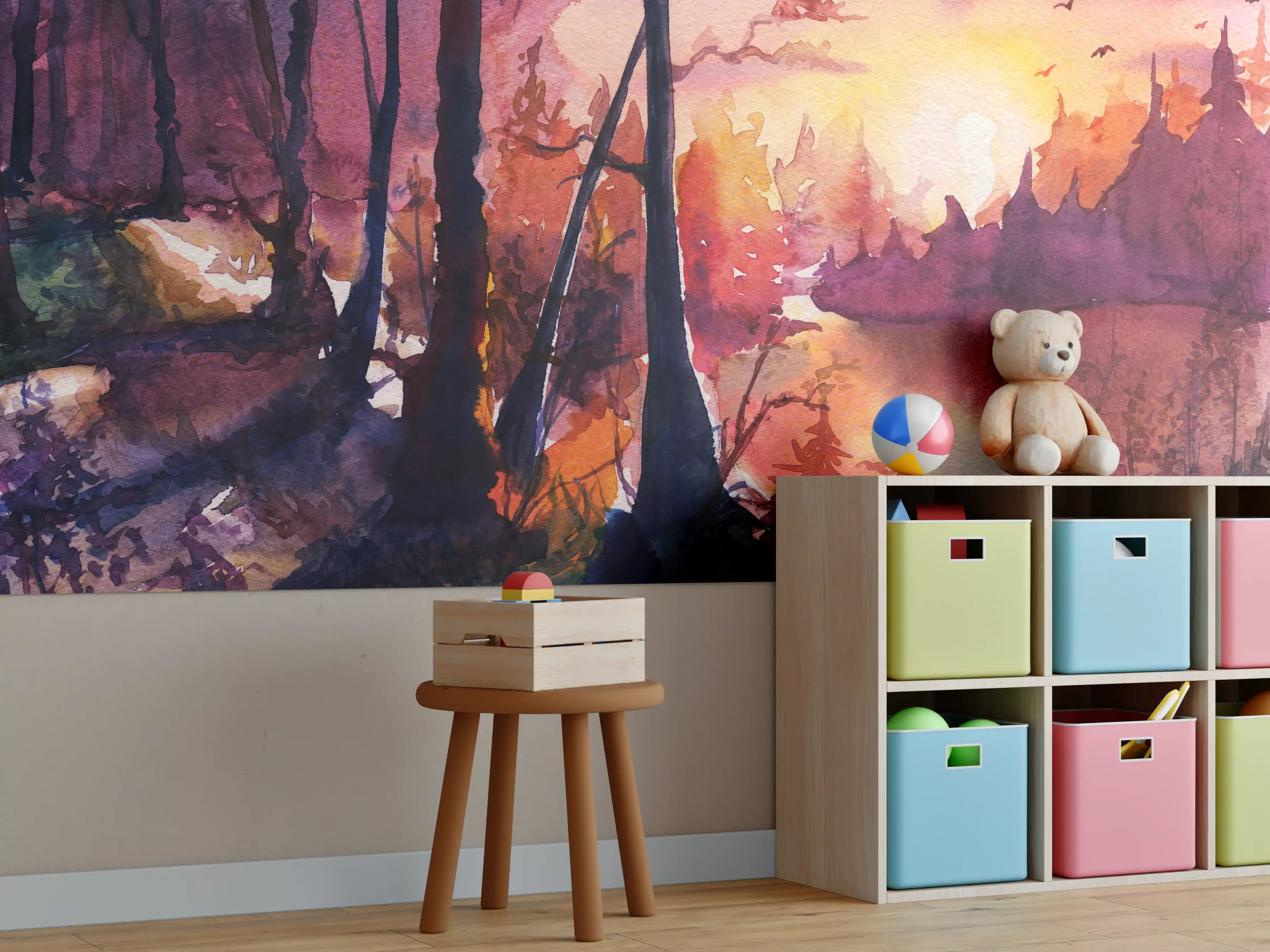 Kinderzimmer Wandgestaltung - Aquarell Waldlandschaft Malerei
