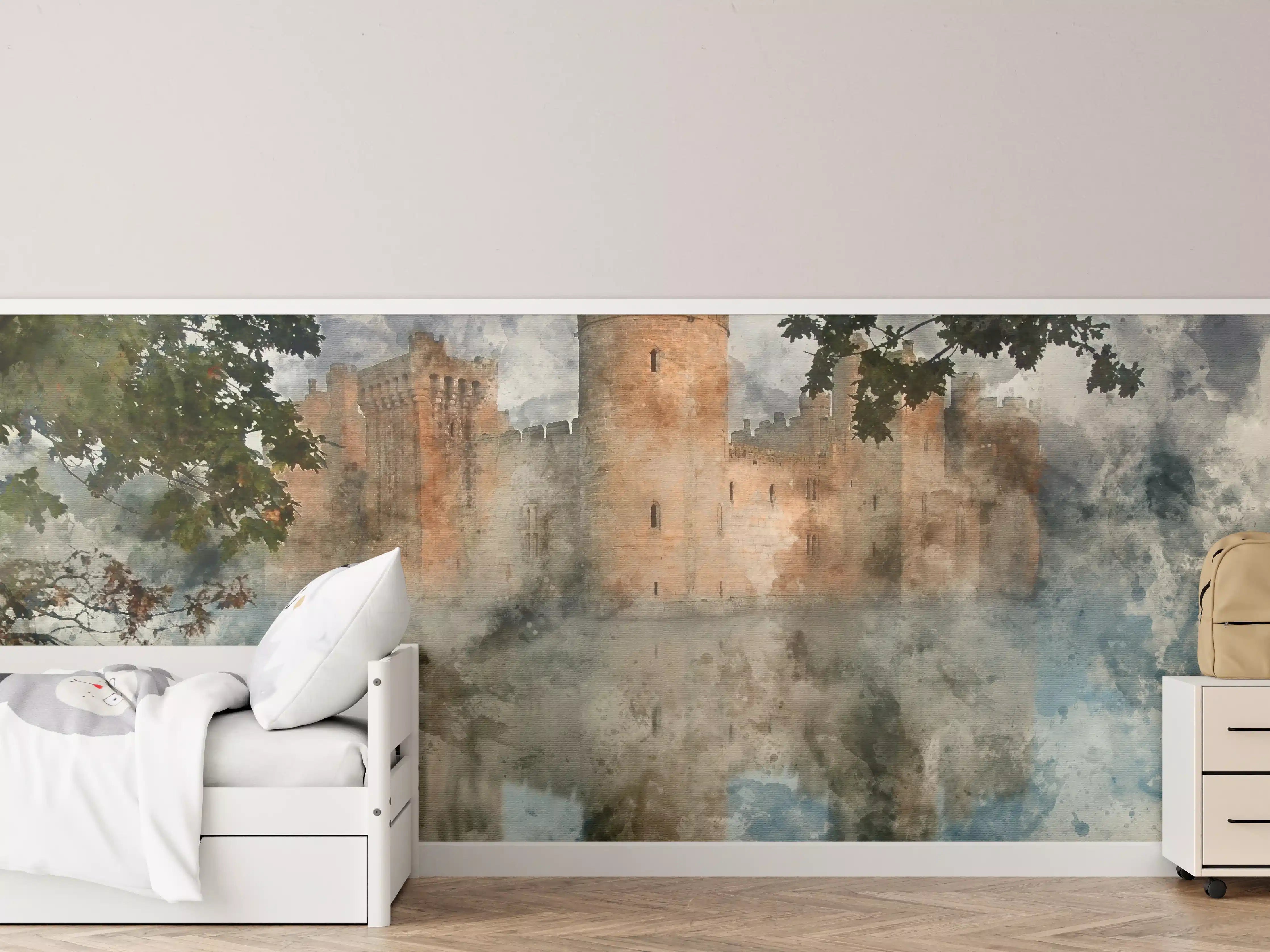 Kinderzimmer Wandgestaltung - Aquarell einer mittelalterlichen Burg 