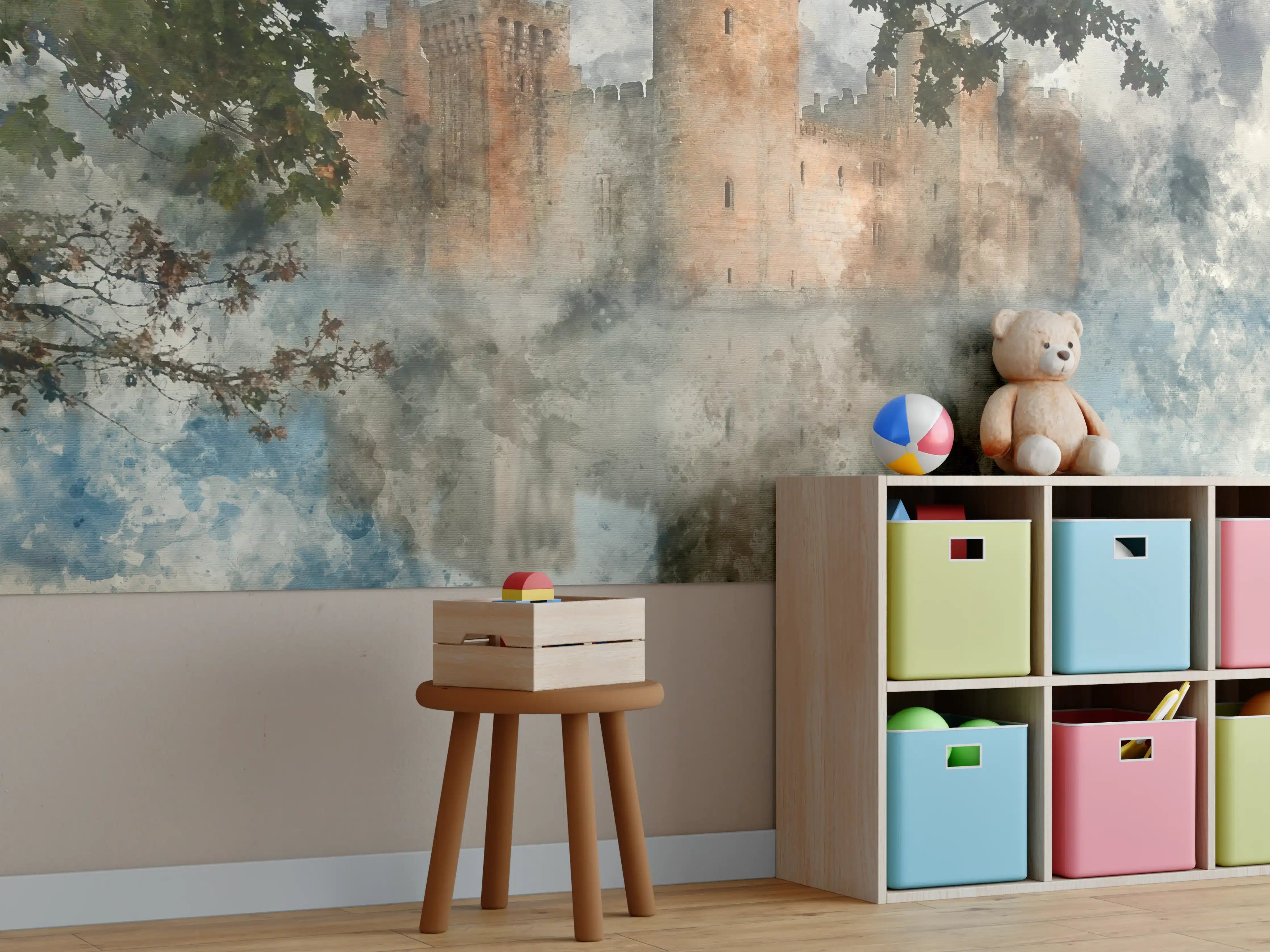 Kinderzimmer Wandgestaltung - Aquarell einer mittelalterlichen Burg 