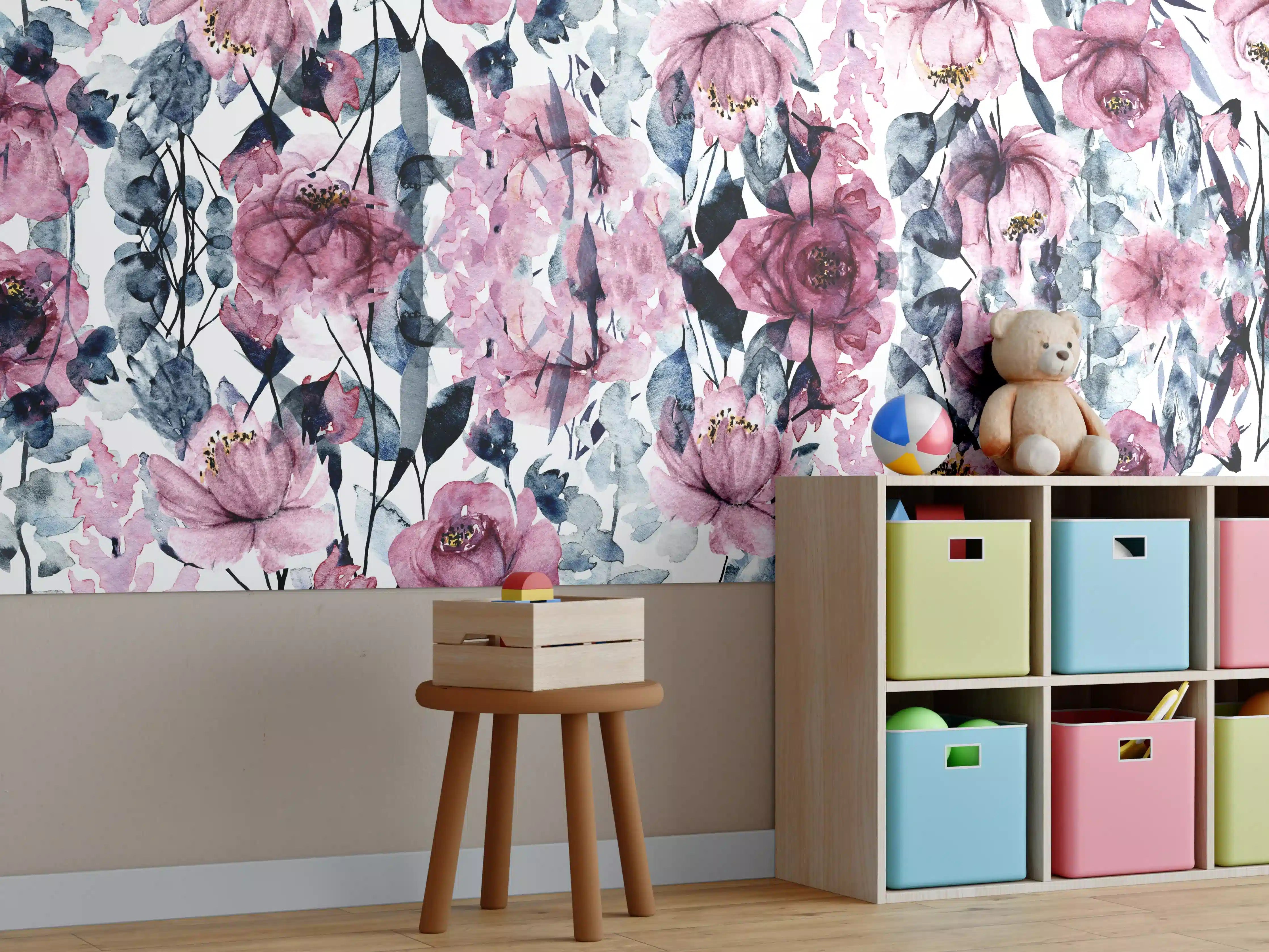 Kinderzimmer Wandgestaltung - Aquarellartige Blumendekoration in Pink und Blau