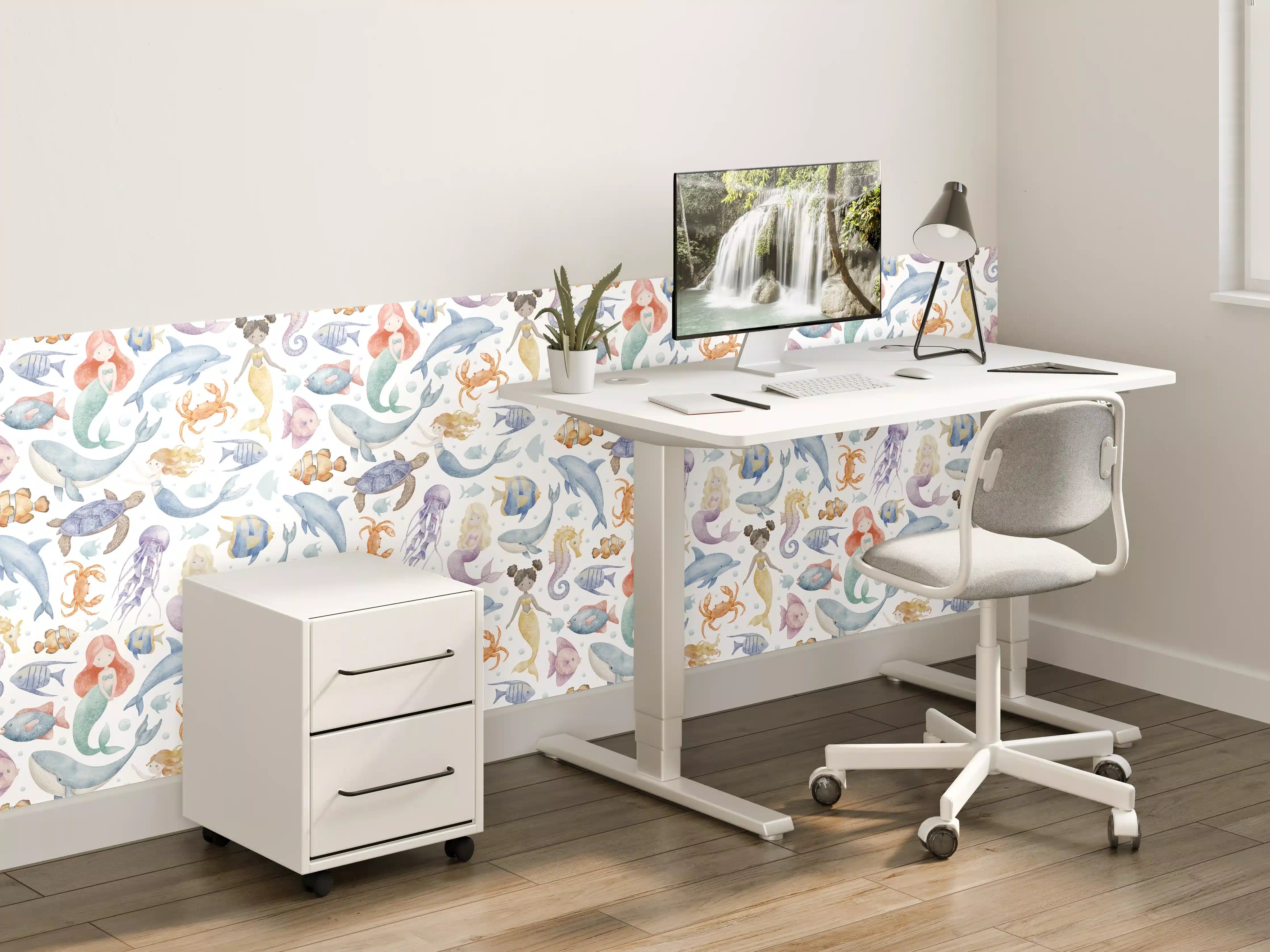 Kinderzimmer Wandgestaltung - Aquarellartige Meereswelt mit bunten Fischen