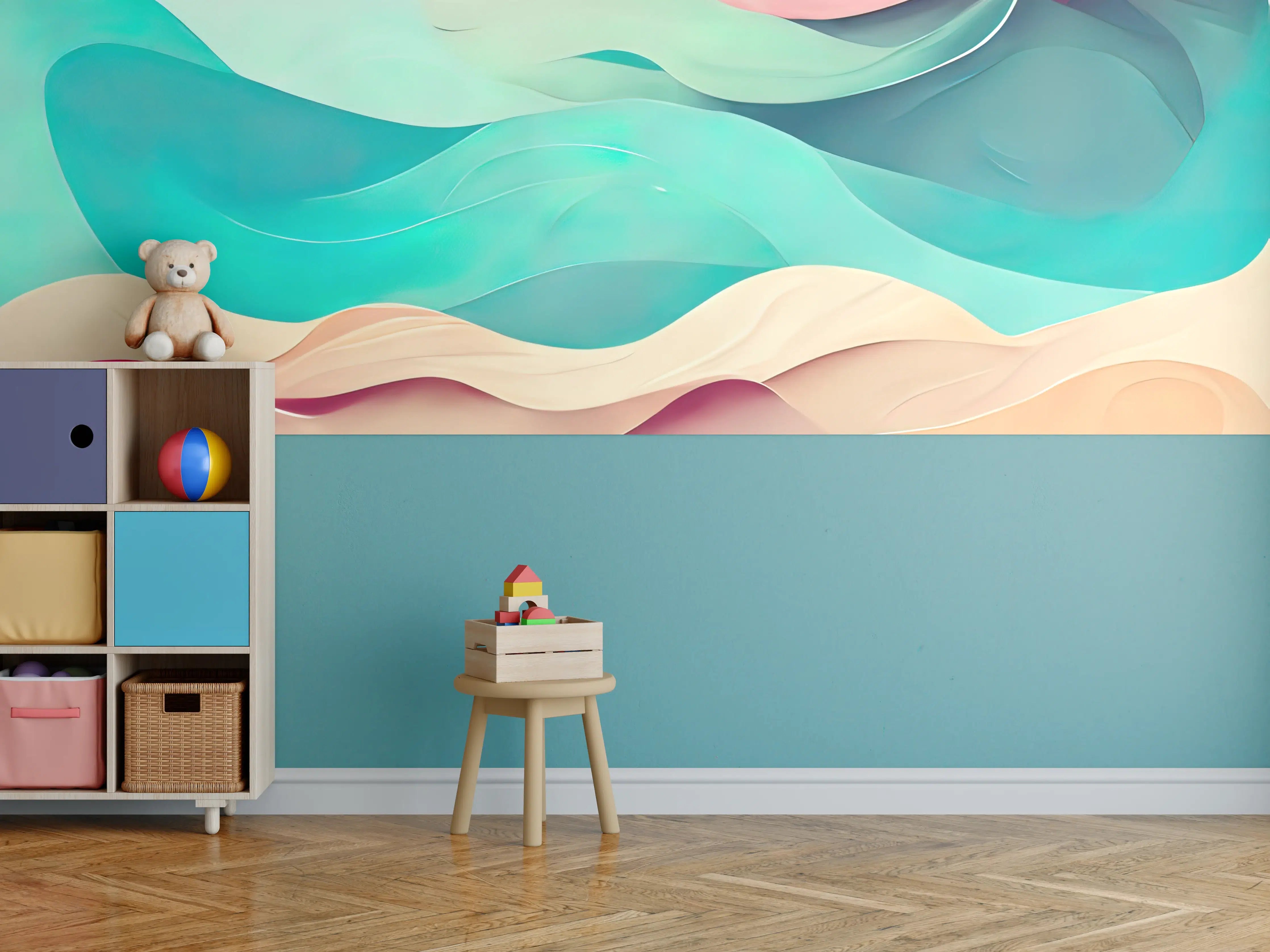 Kinderzimmer Wandgestaltung - Aquarellartige Pastellfarben-Wellen