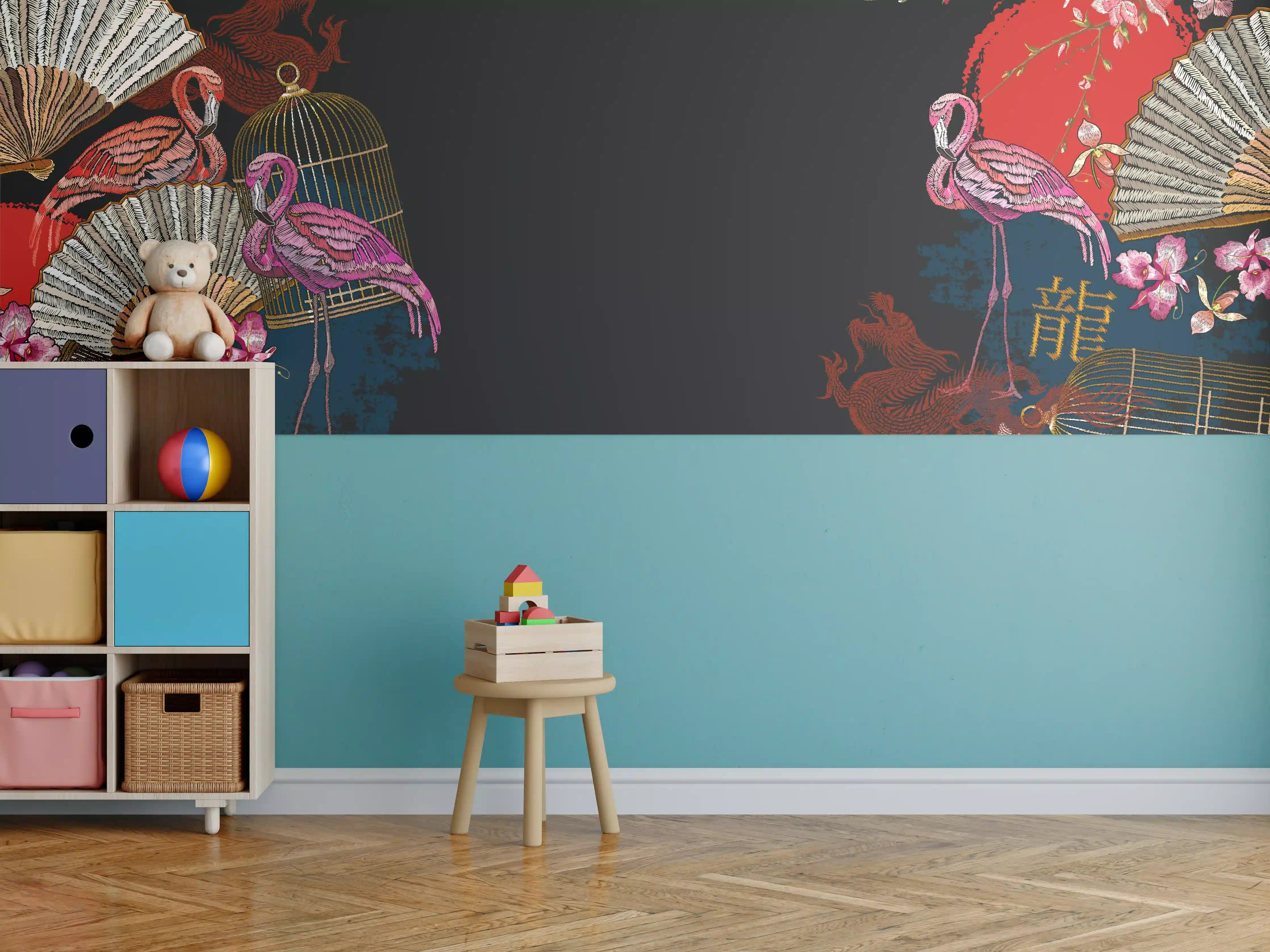 Kinderzimmer Wandgestaltung - Asiatischer Flamingo Drachenfächer