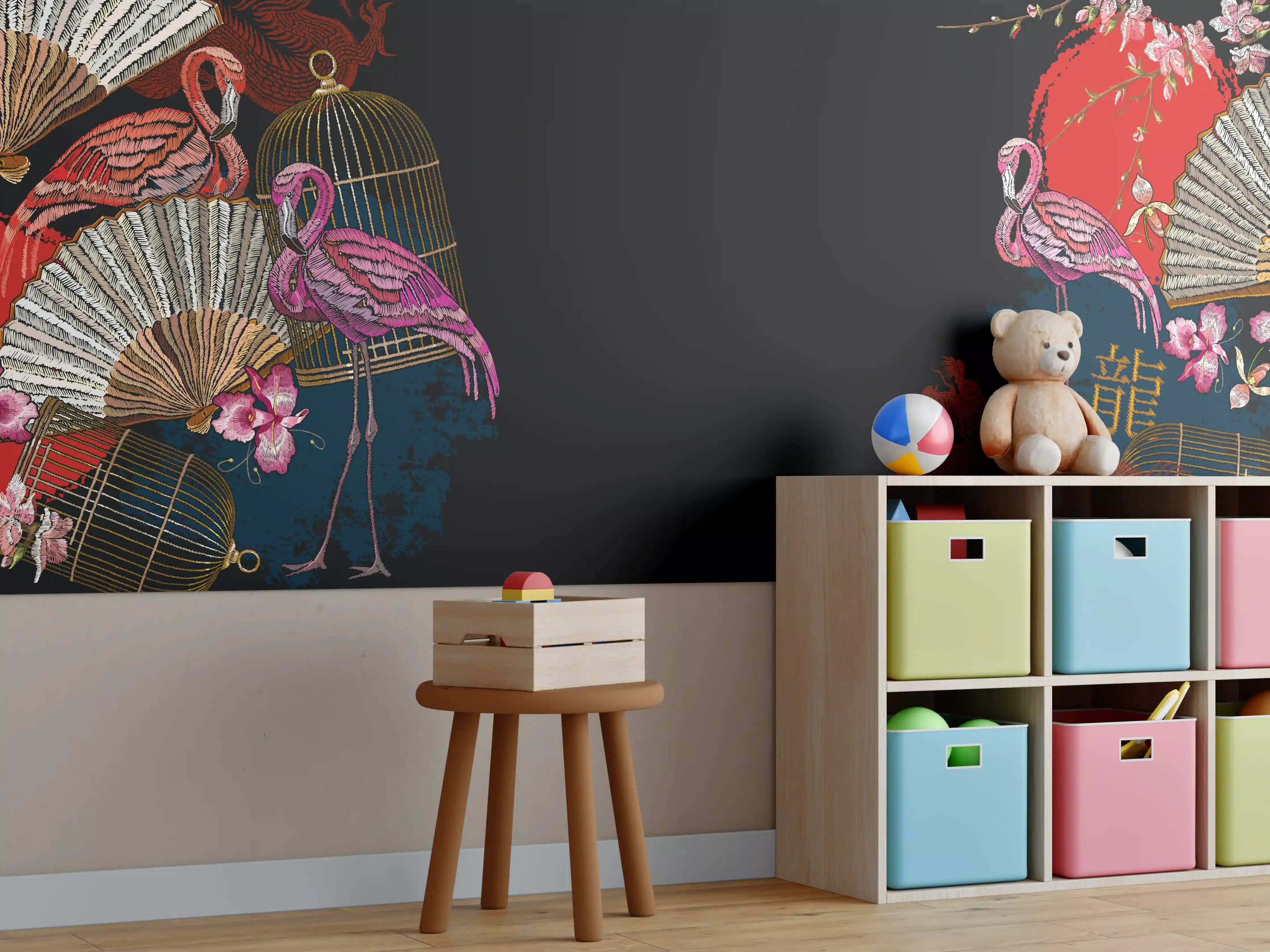 Kinderzimmer Wandgestaltung - Asiatischer Flamingo Drachenfächer