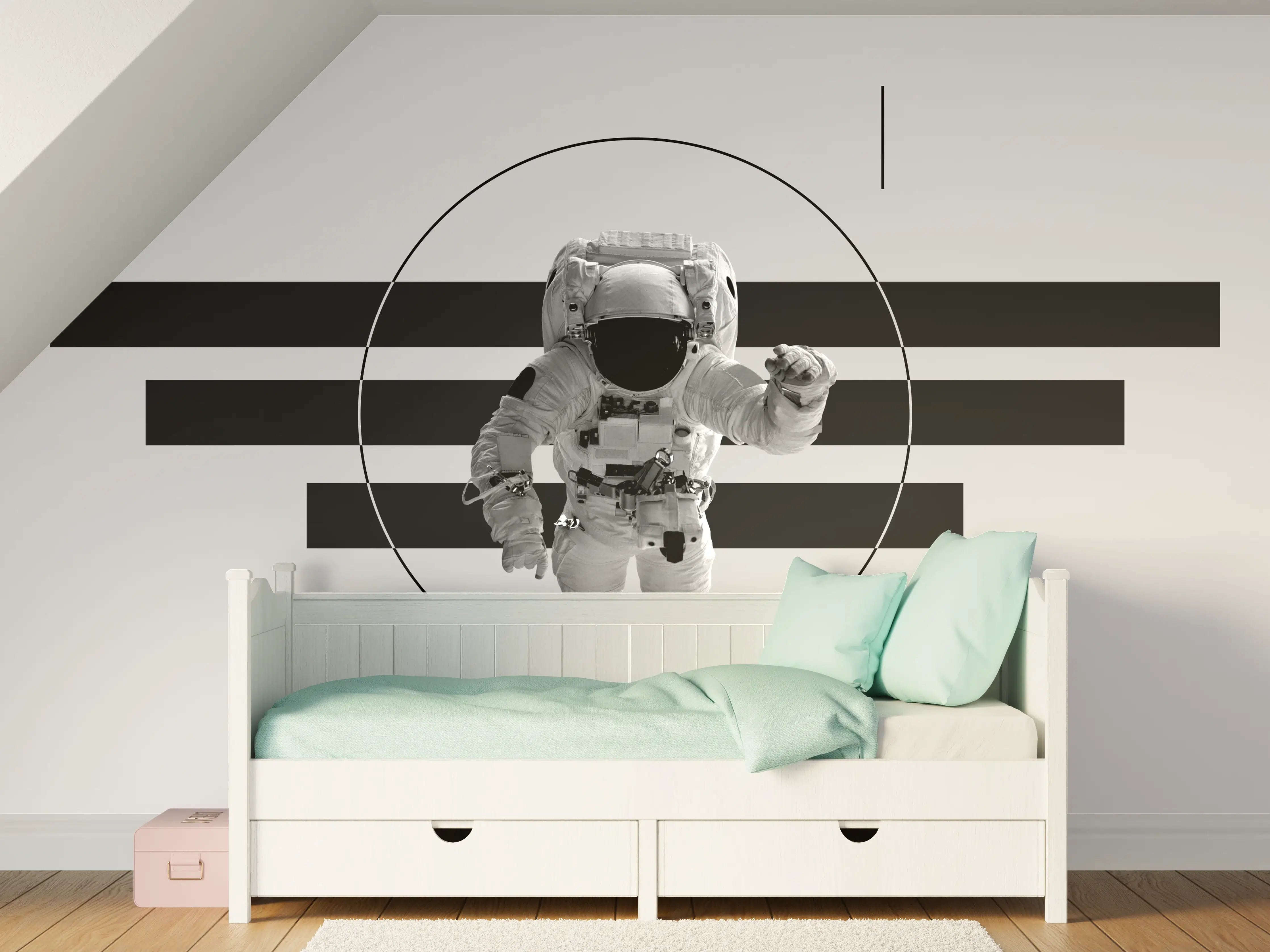Kinderzimmer Wandgestaltung - Astronaut im Weltall Grau-Schwarz