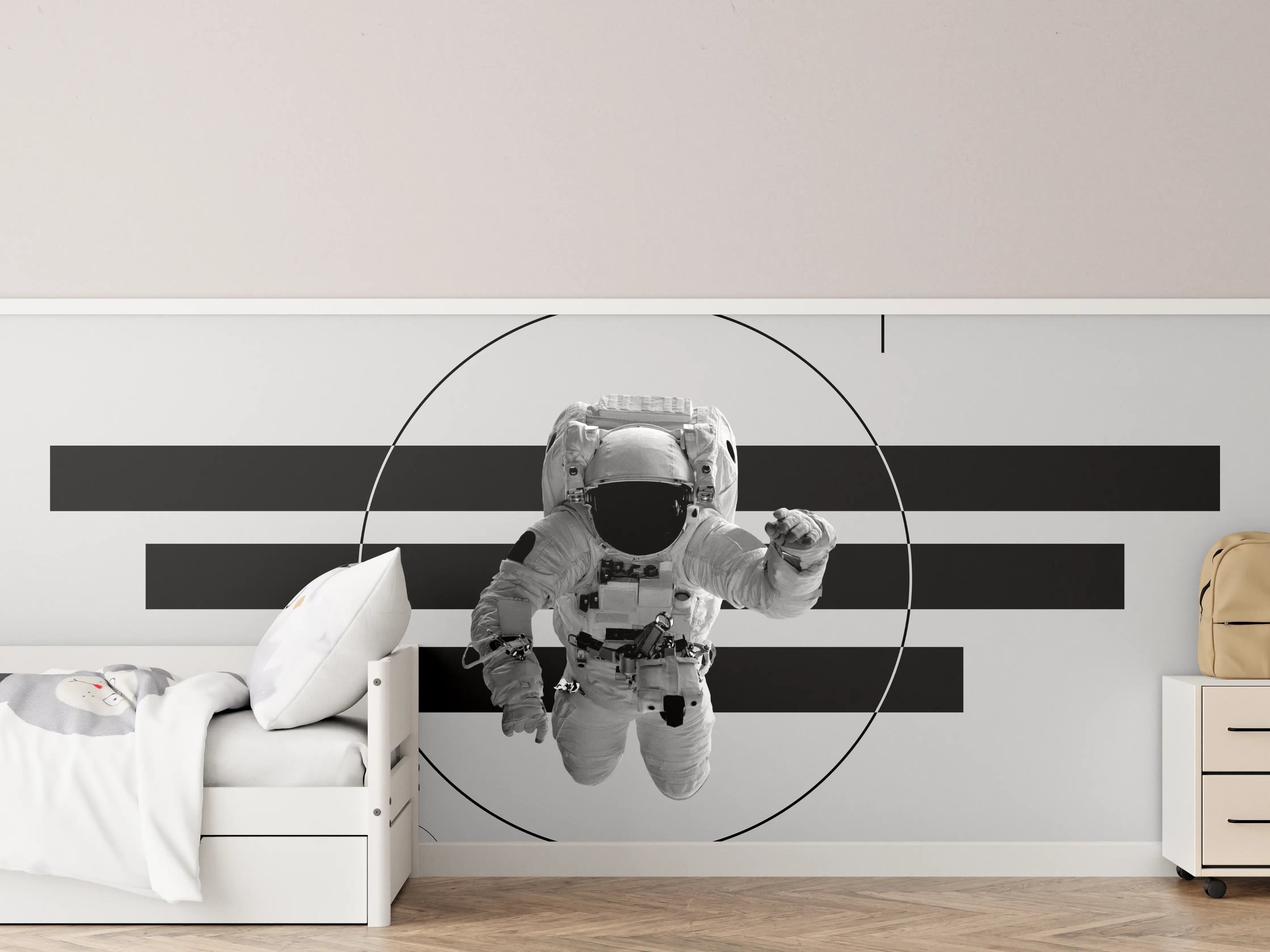 Kinderzimmer Wandgestaltung - Astronaut im Weltall Grau-Schwarz
