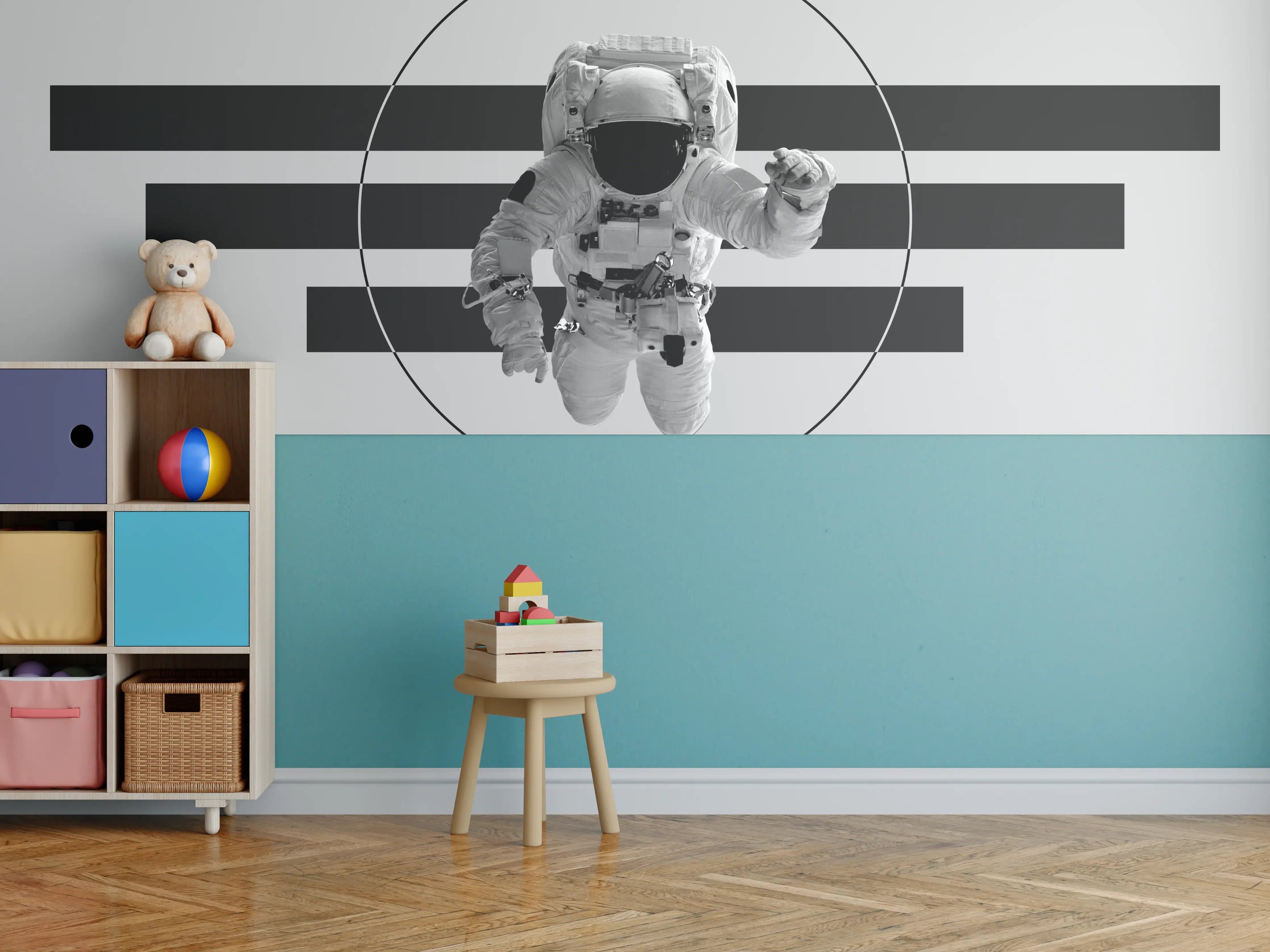 Kinderzimmer Wandgestaltung - Astronaut im Weltall Grau-Schwarz
