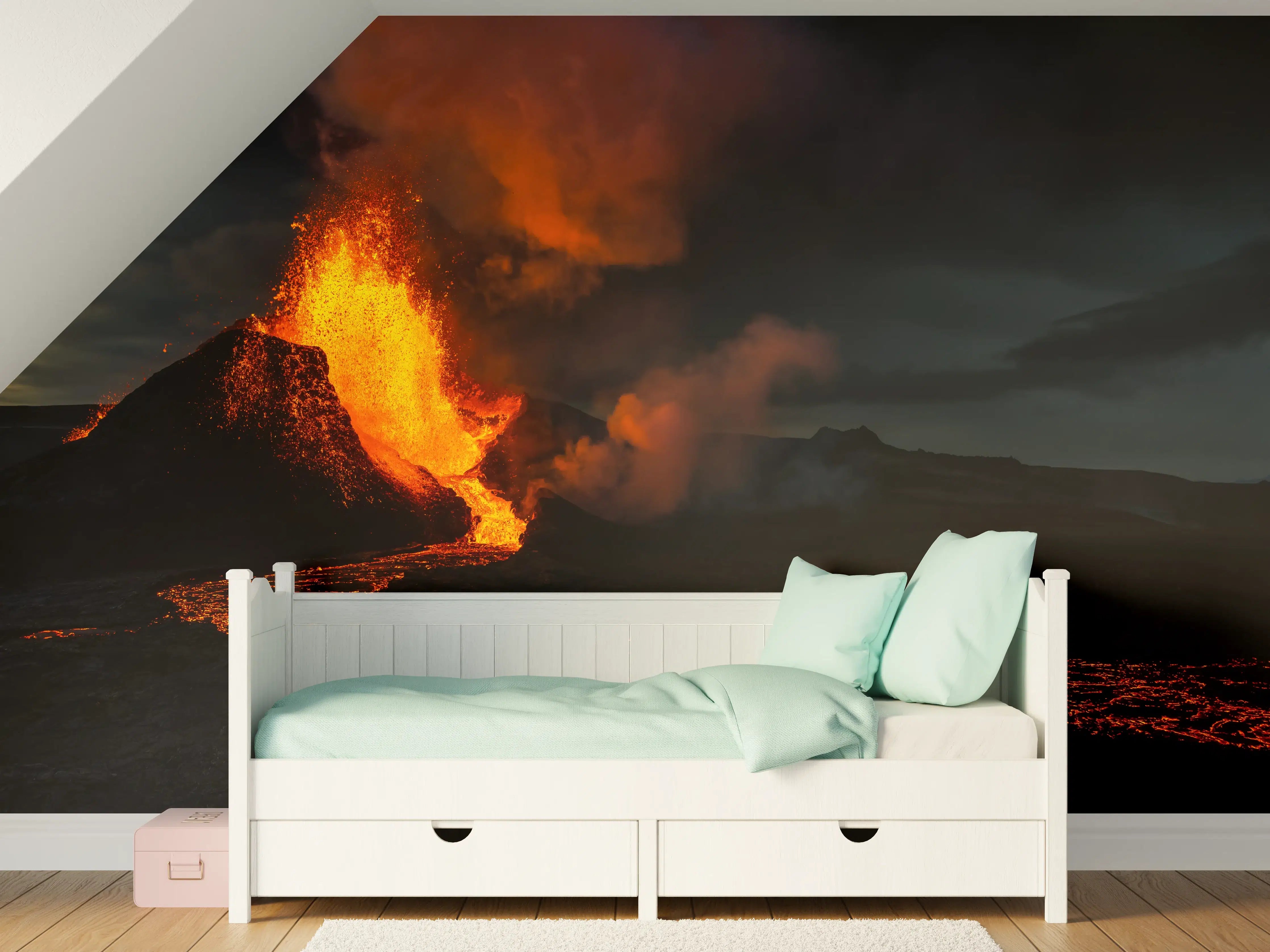 Kinderzimmer Wandgestaltung - Ausbruch vom Vulkan in der Nacht