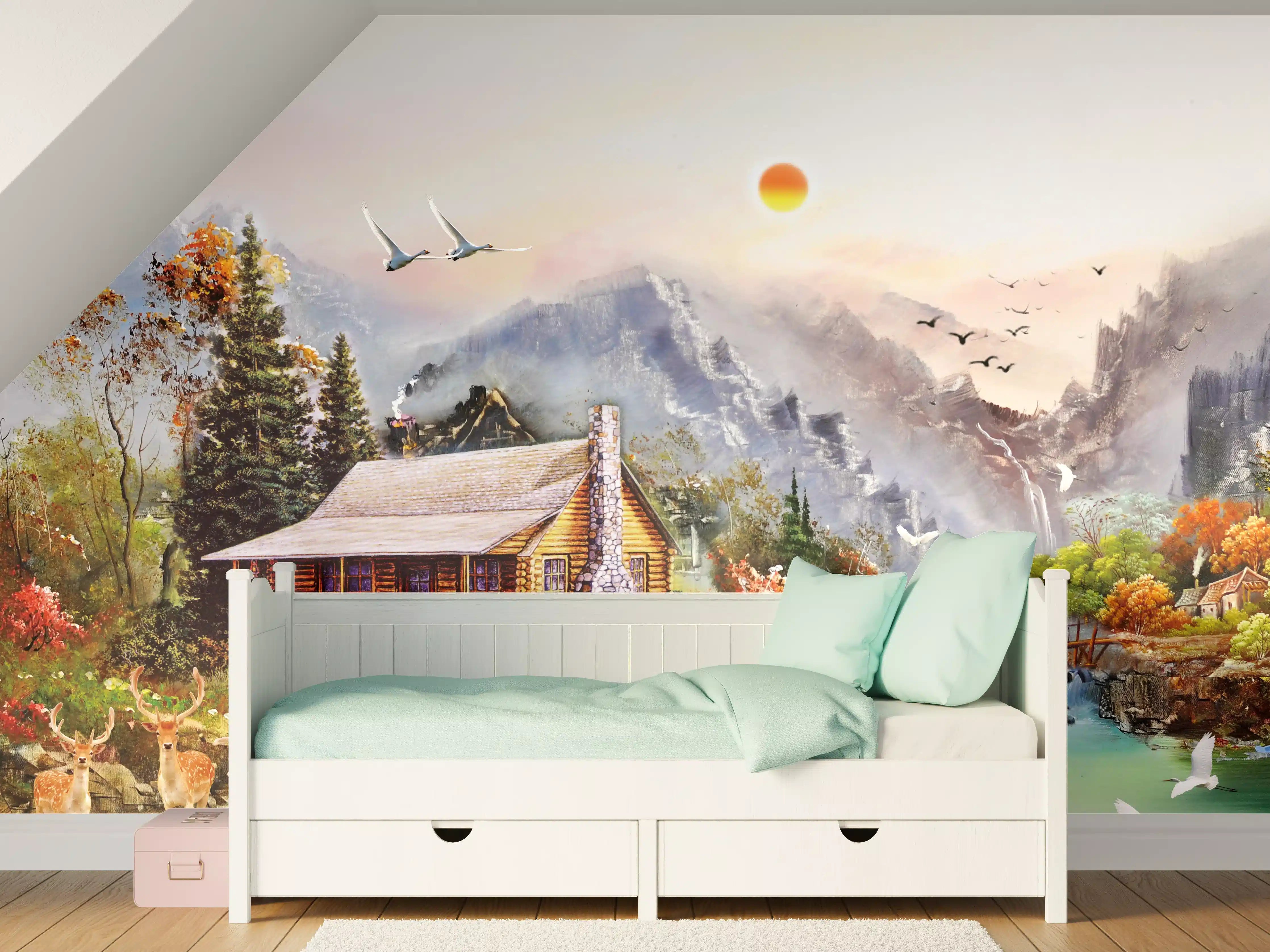 Kinderzimmer Wandgestaltung - Aussicht auf eine einsame Hütte am Fluss