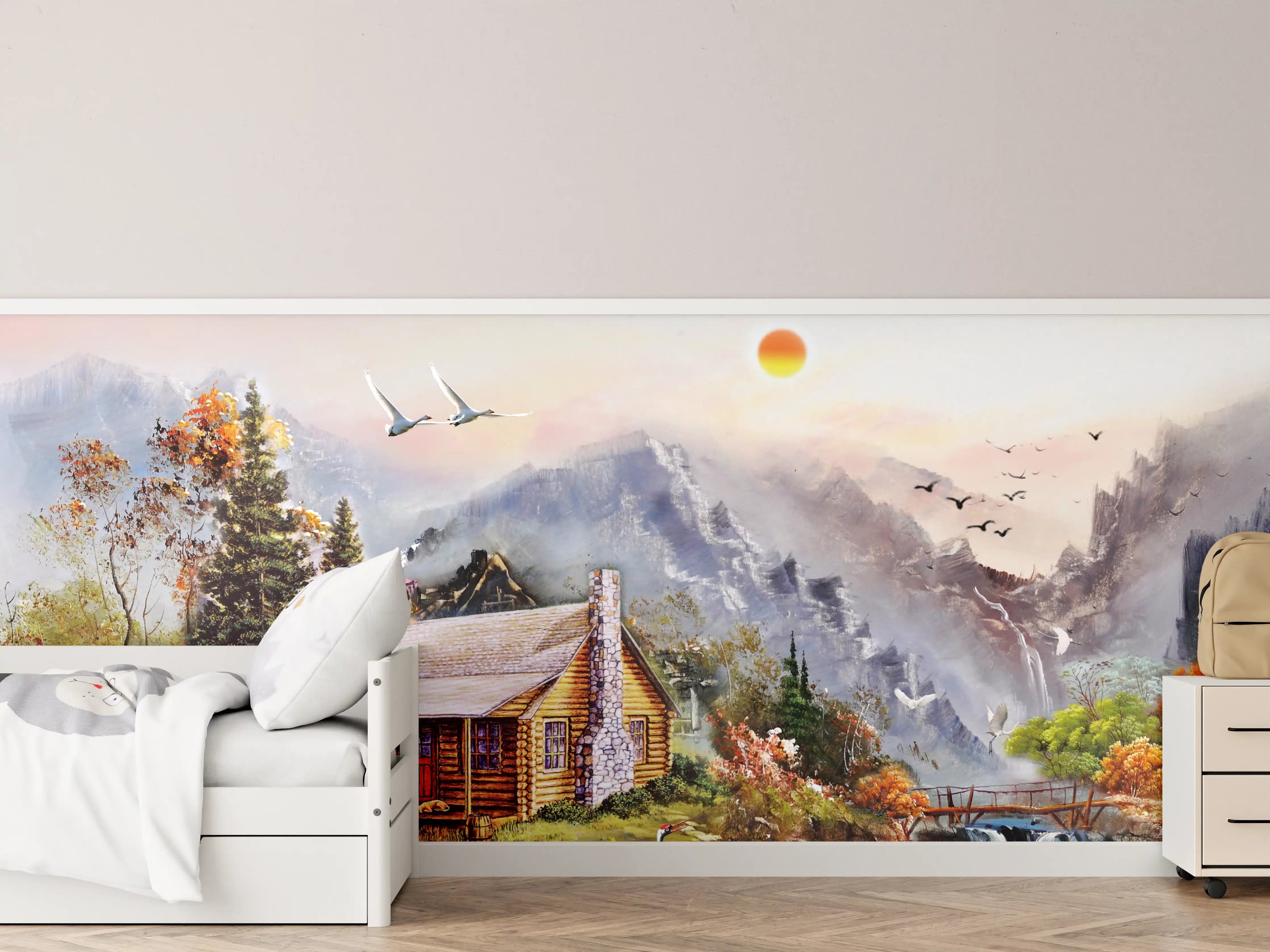 Kinderzimmer Wandgestaltung - Aussicht auf eine einsame Hütte am Fluss