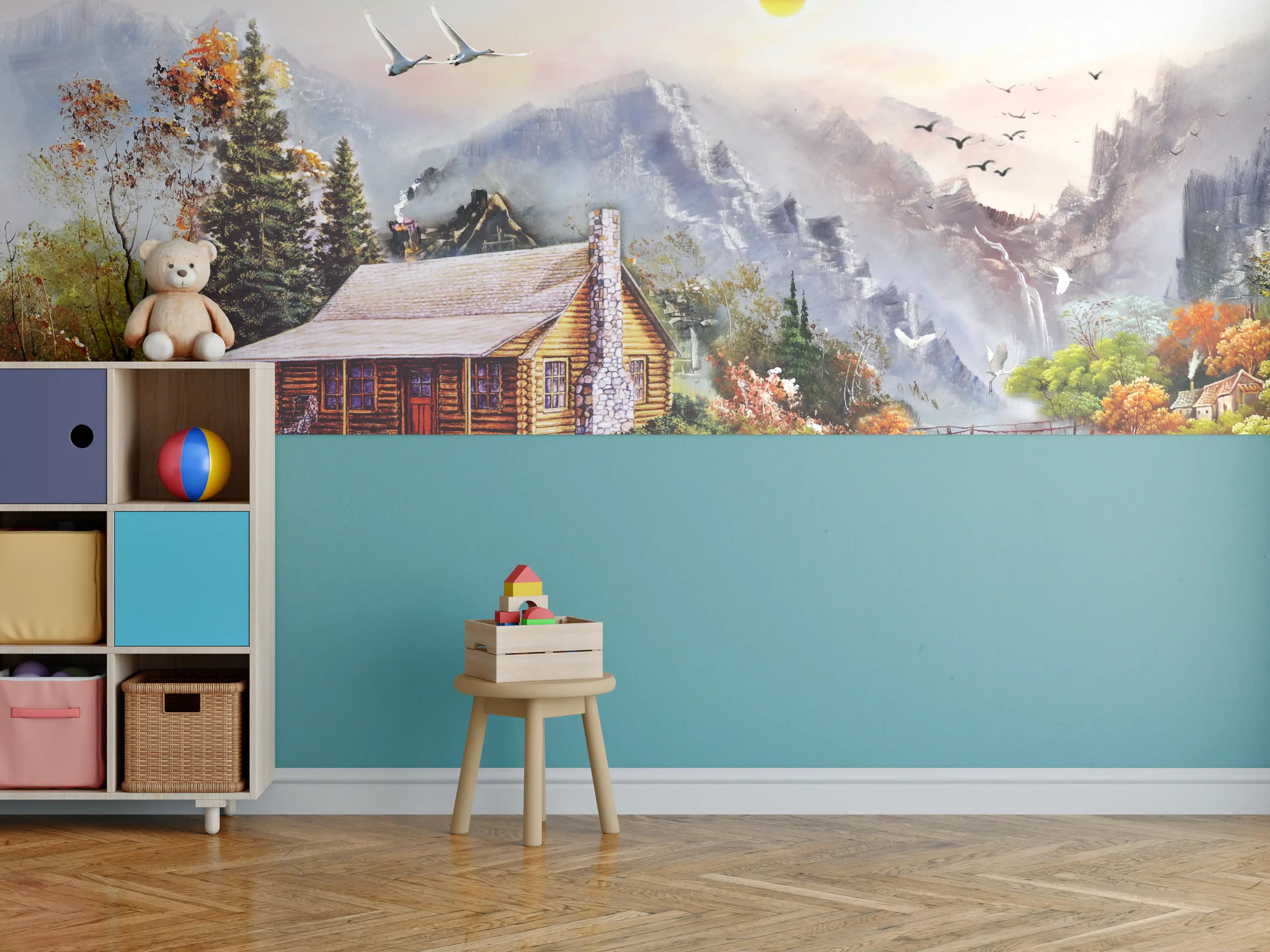 Kinderzimmer Wandgestaltung - Aussicht auf eine einsame Hütte am Fluss