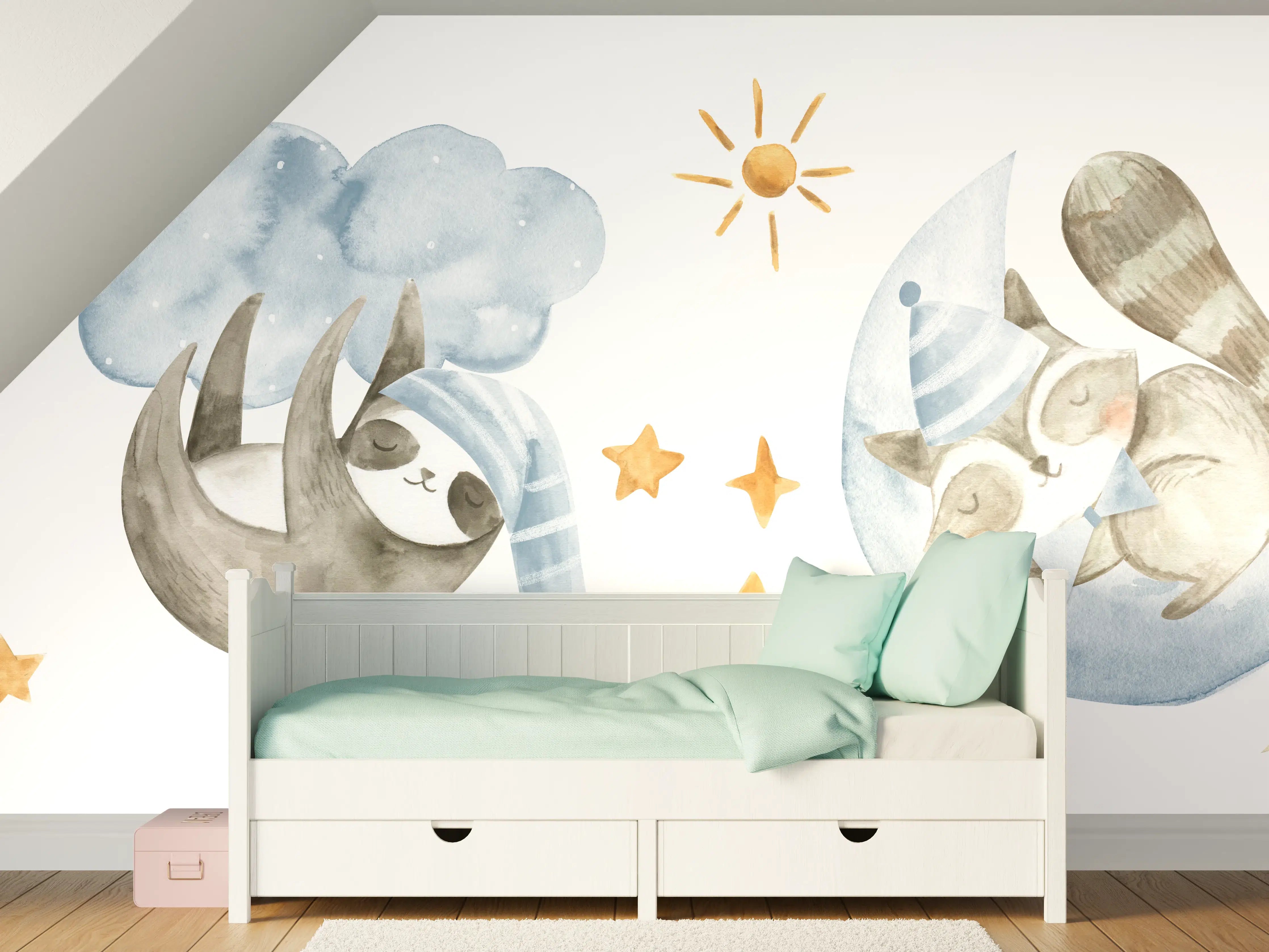 Kinderzimmer Wandgestaltung - Babytier-Aquarelle Blautöne