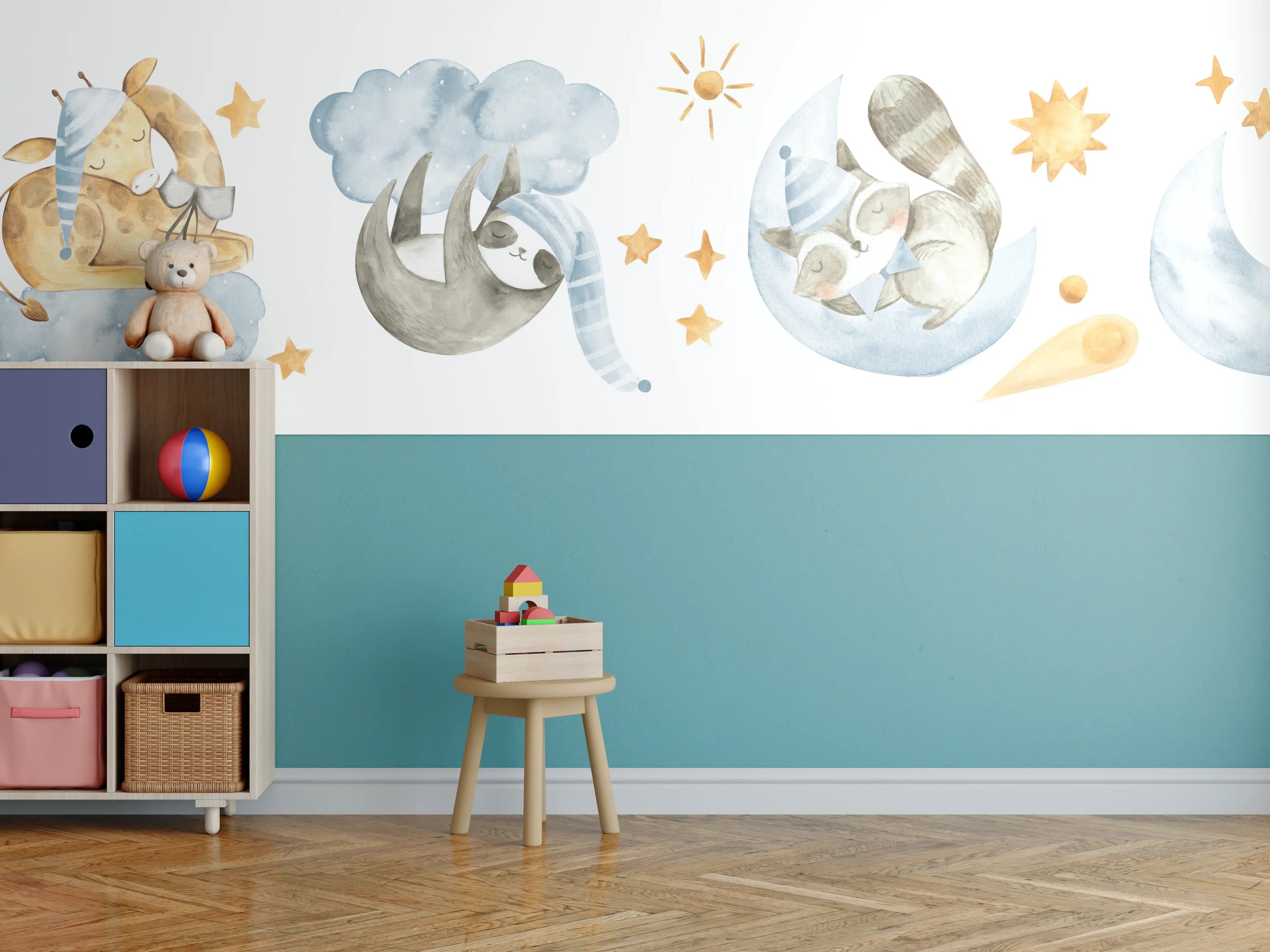 Kinderzimmer Wandgestaltung - Babytier-Aquarelle Blautöne