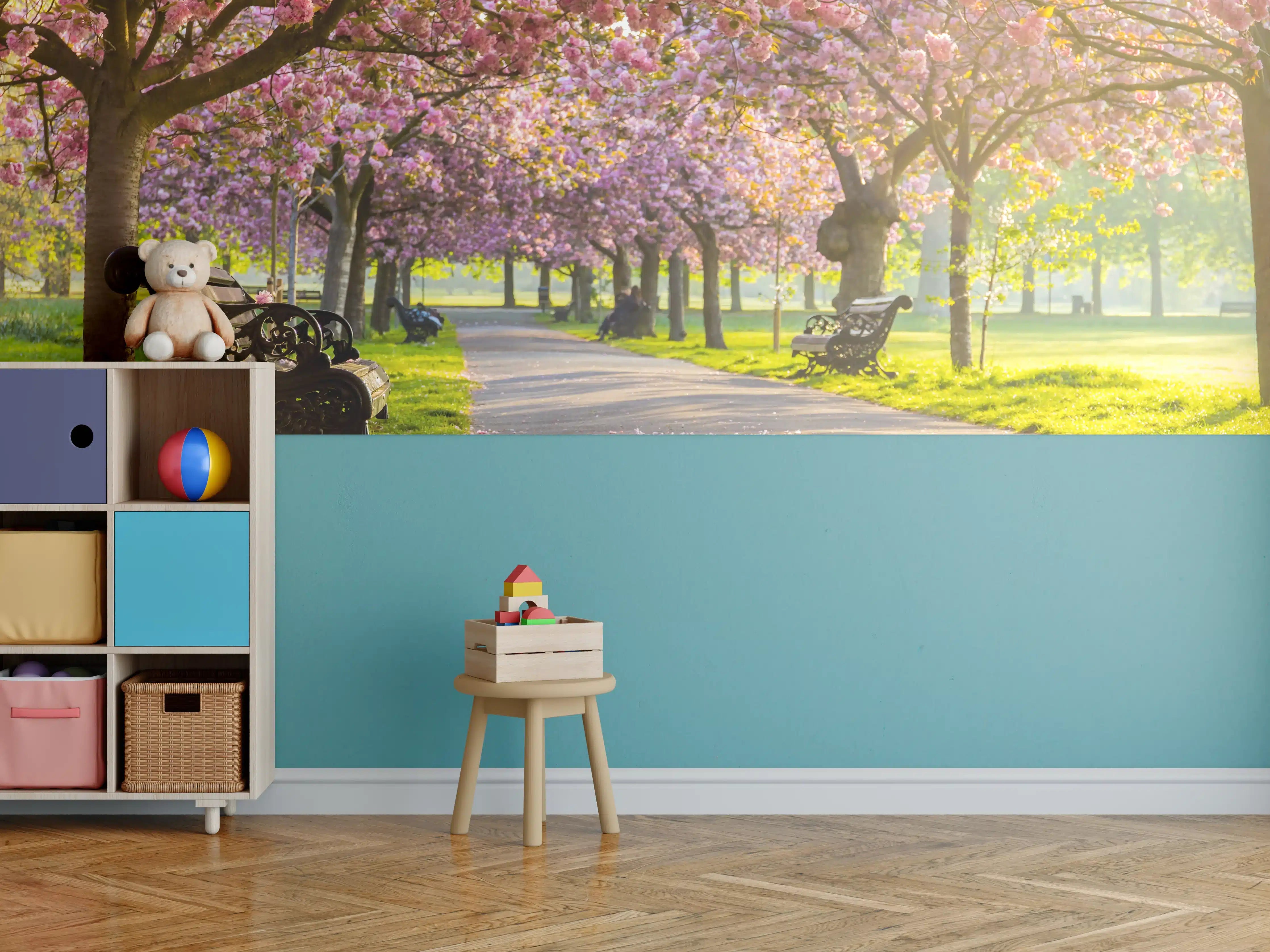 Kinderzimmer Wandgestaltung - Bänke unter Kirschblütenbäumen