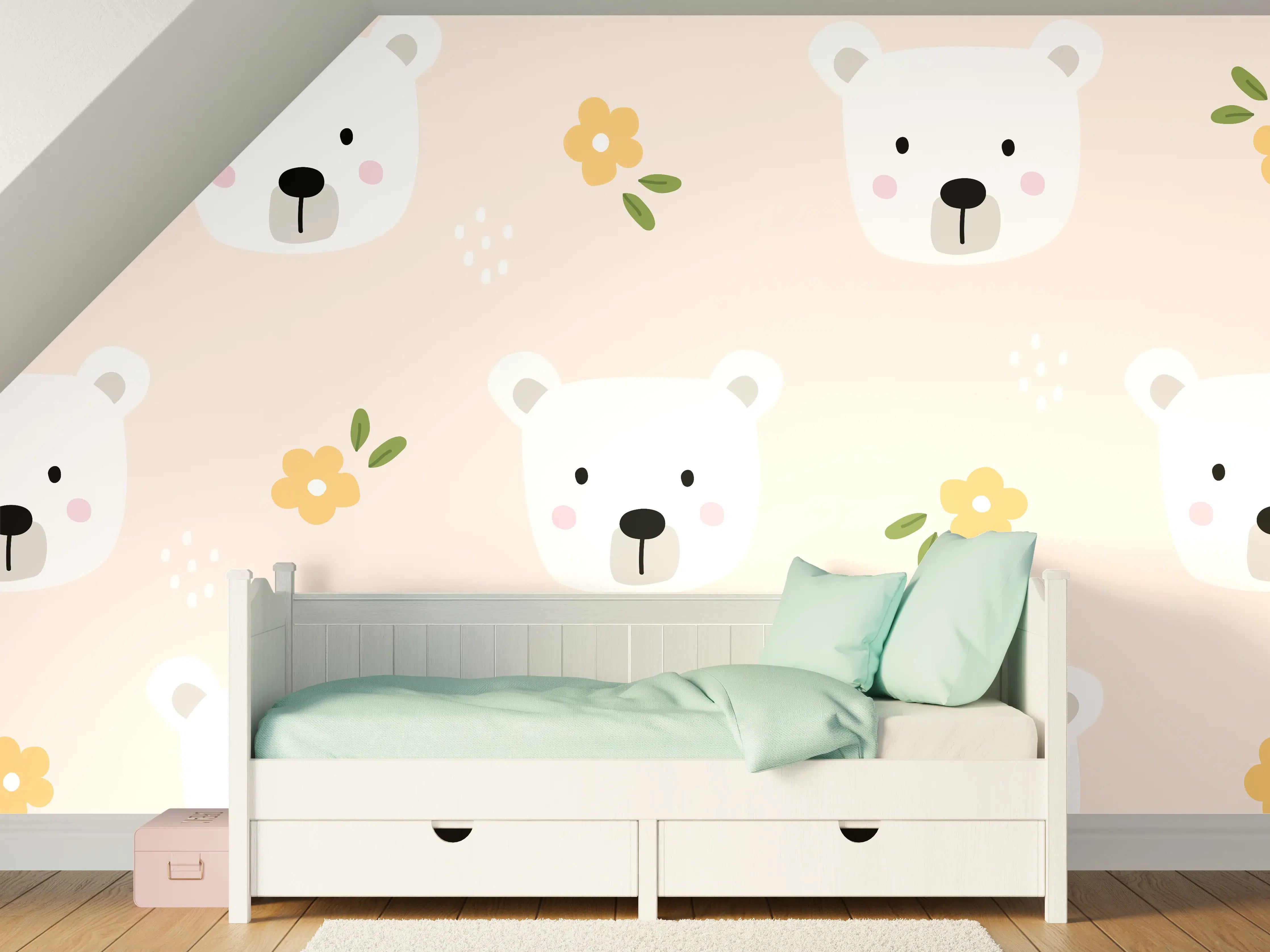 Kinderzimmer Wandgestaltung - Bärchen Blumen Muster Pastell