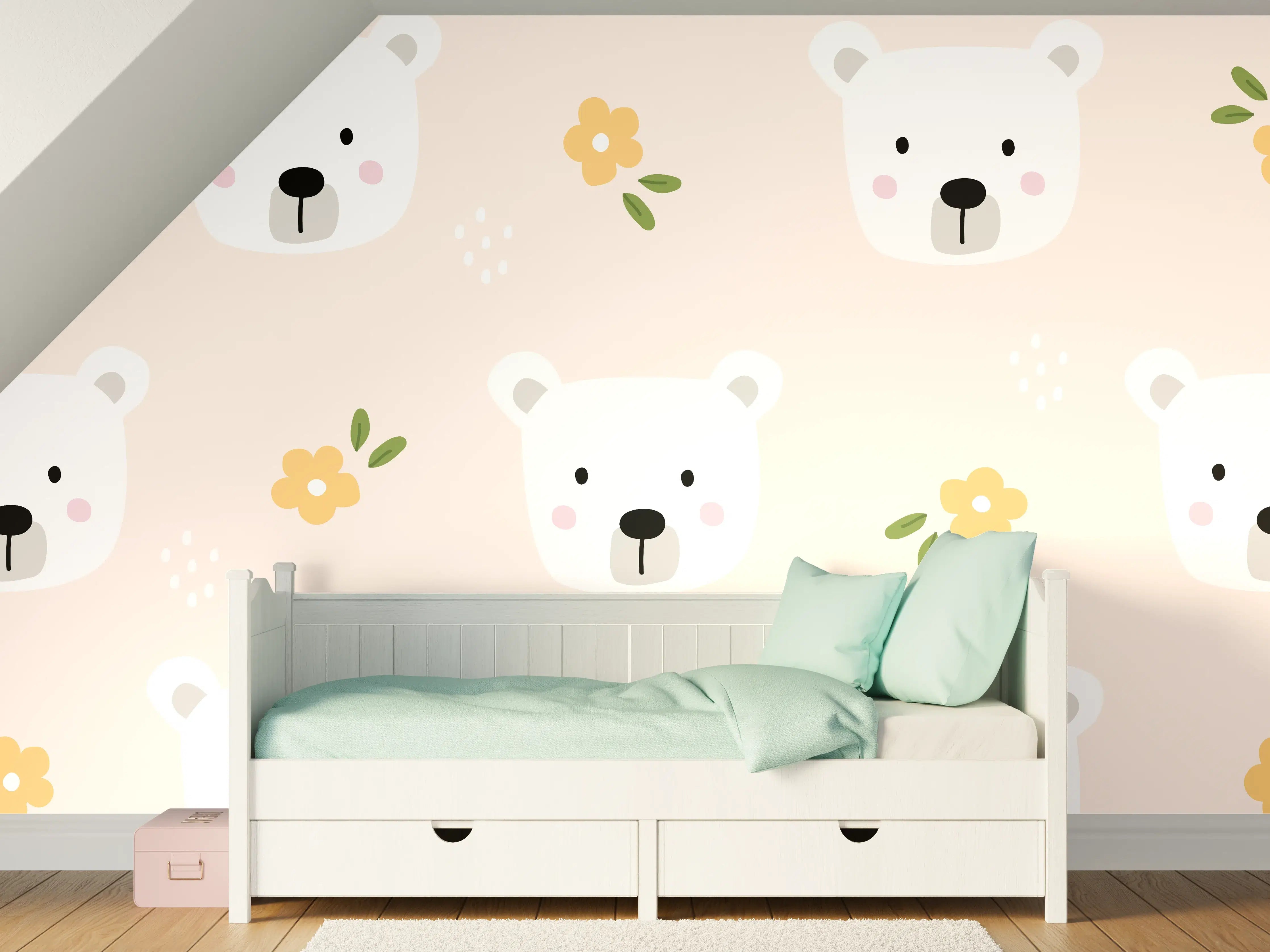 Kinderzimmer Wandgestaltung - Bärenkopf Muster Rosa Creme