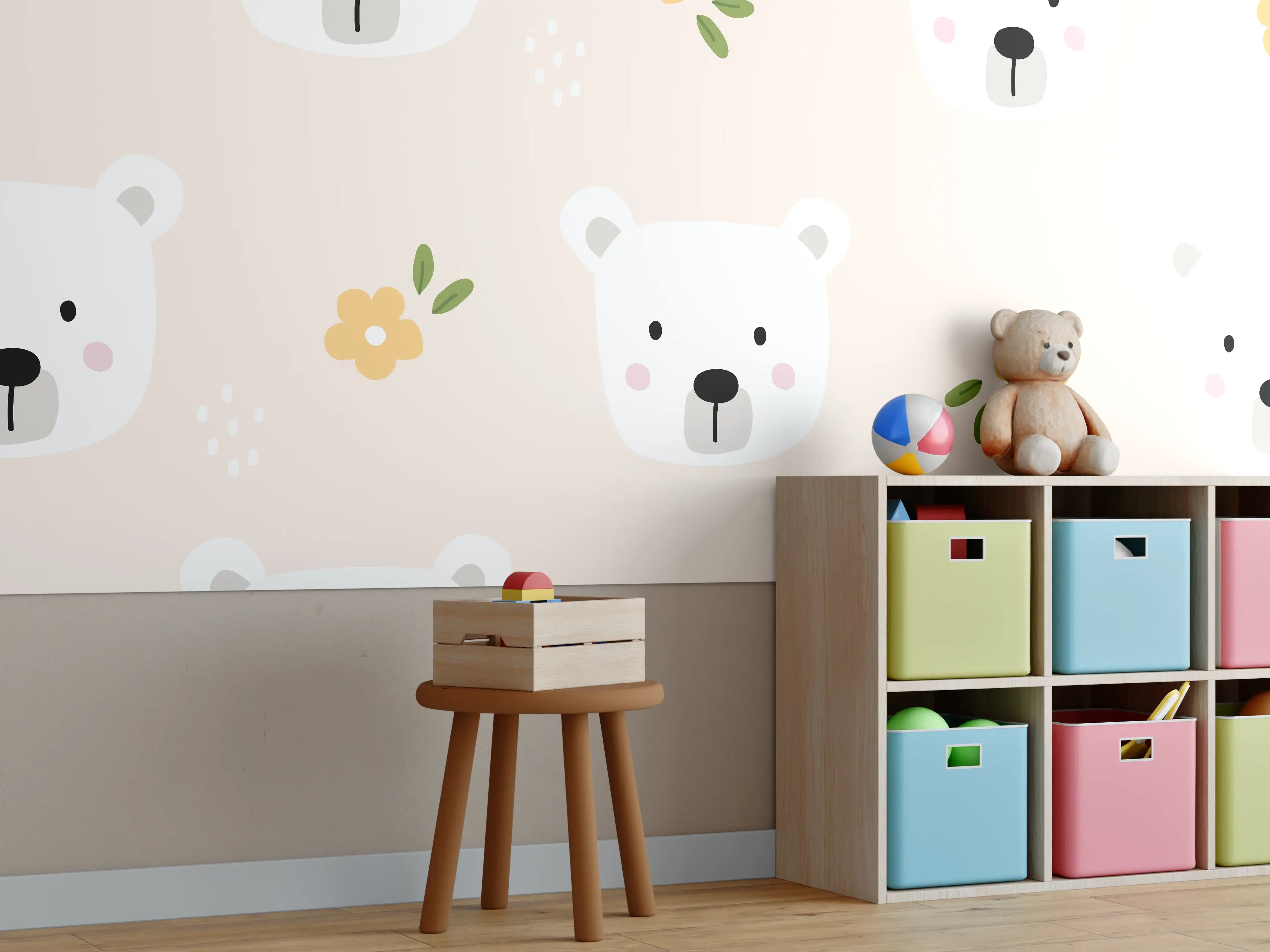 Kinderzimmer Wandgestaltung - Bärenkopf Muster Rosa Creme