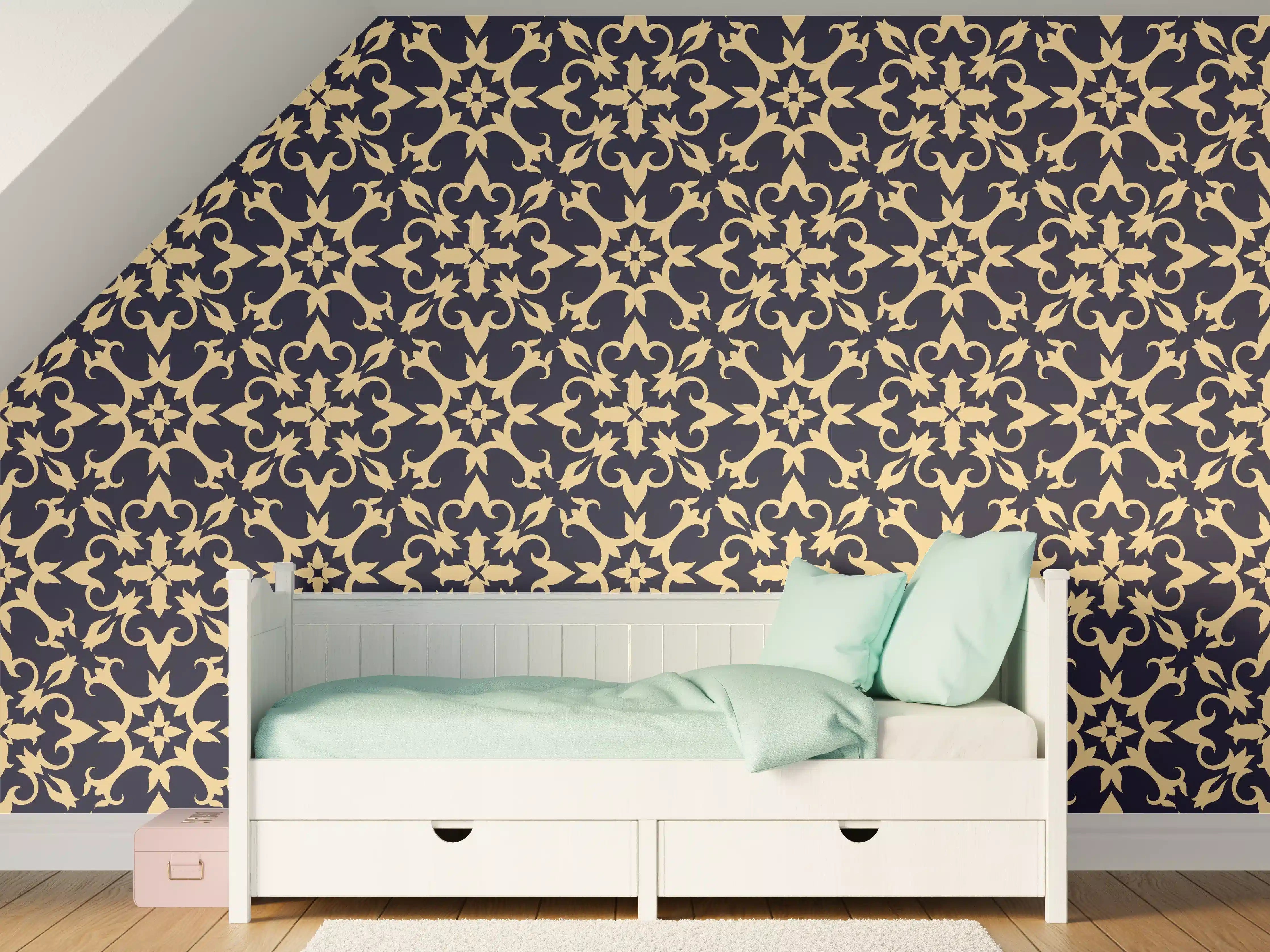 Kinderzimmer Wandgestaltung - Barockes Blau-Gold Muster
