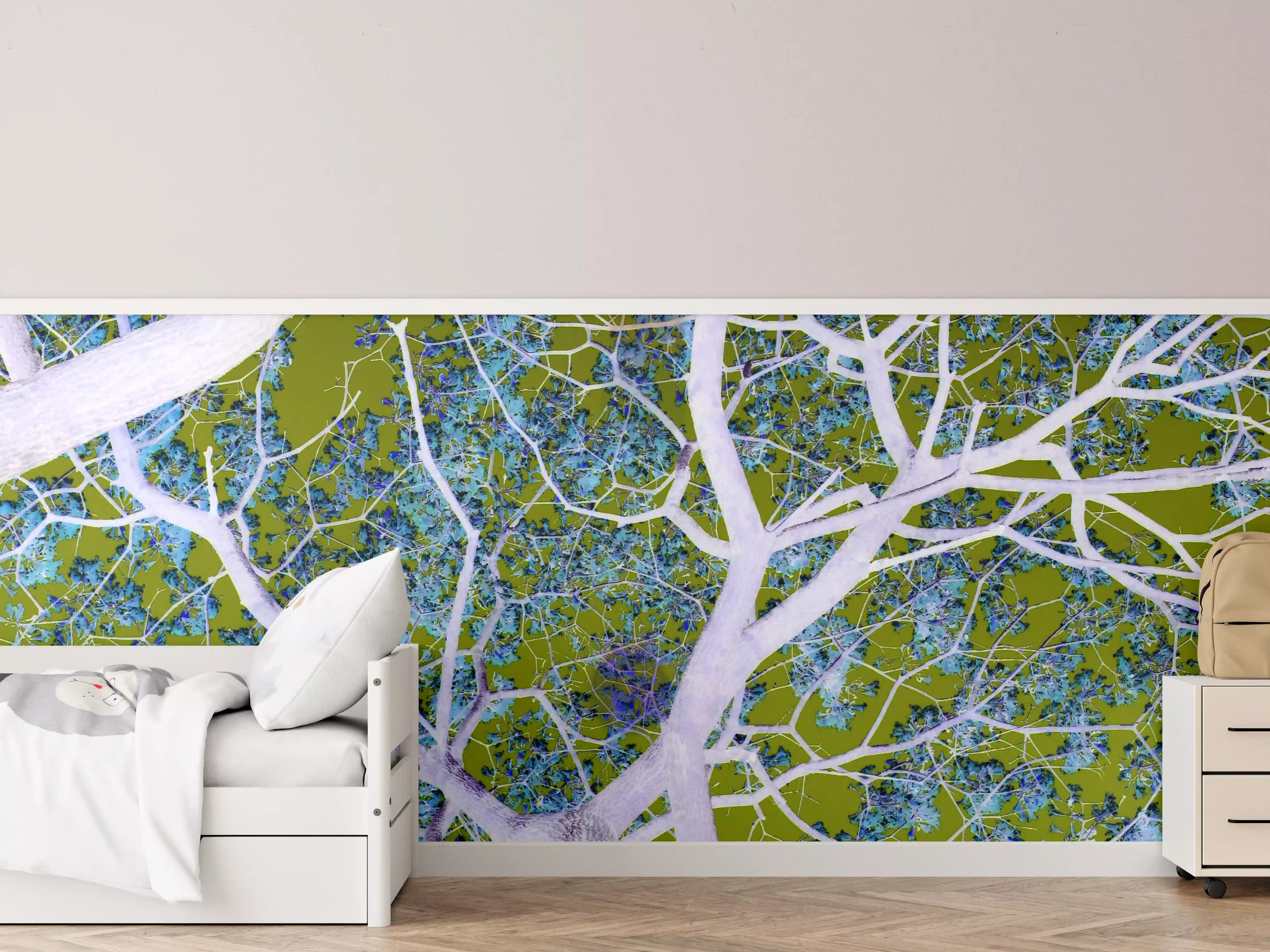 Kinderzimmer Wandgestaltung - Baum mit grünen Blättern und blauen Himmel