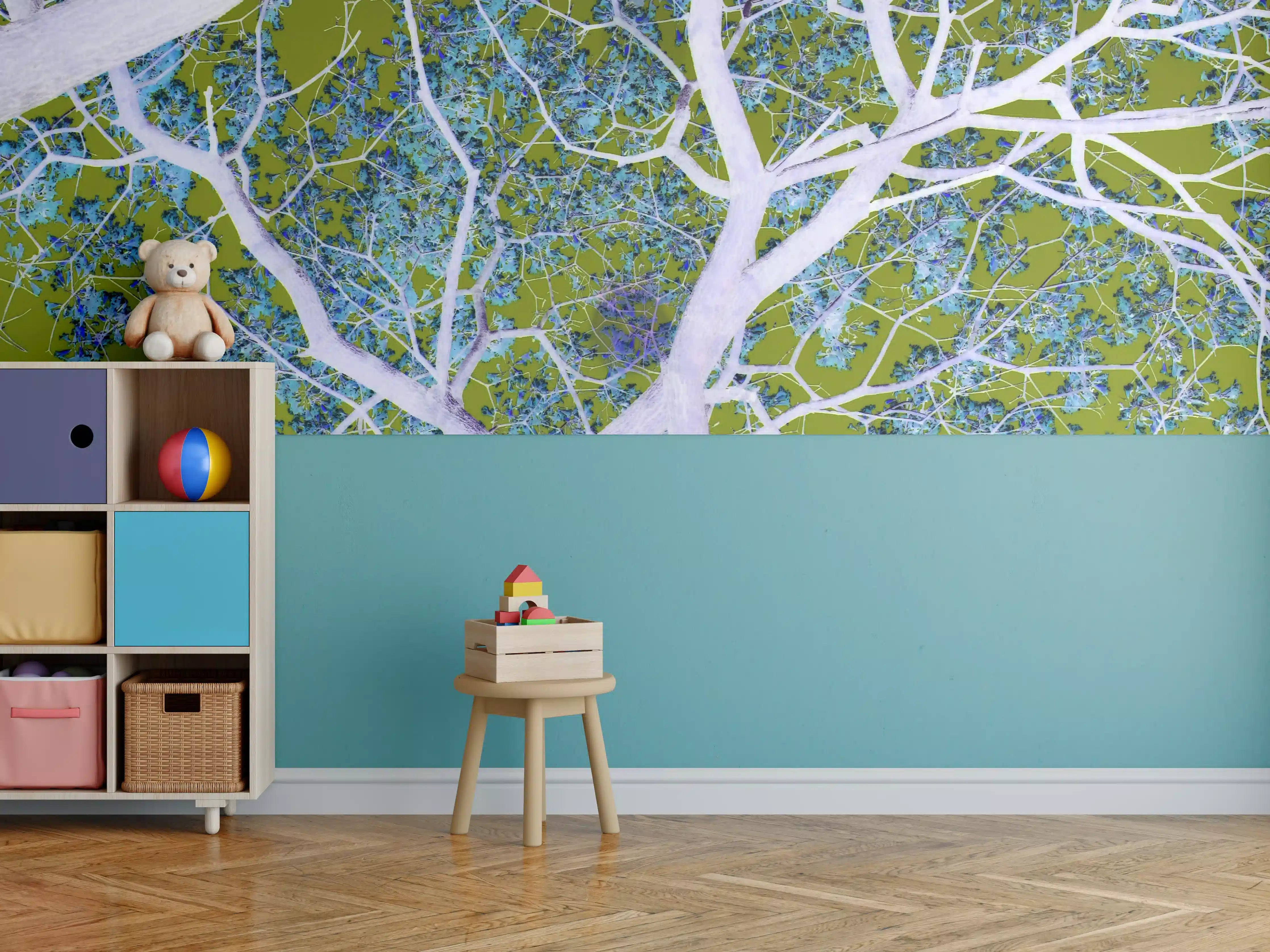 Kinderzimmer Wandgestaltung - Baum mit grünen Blättern und blauen Himmel