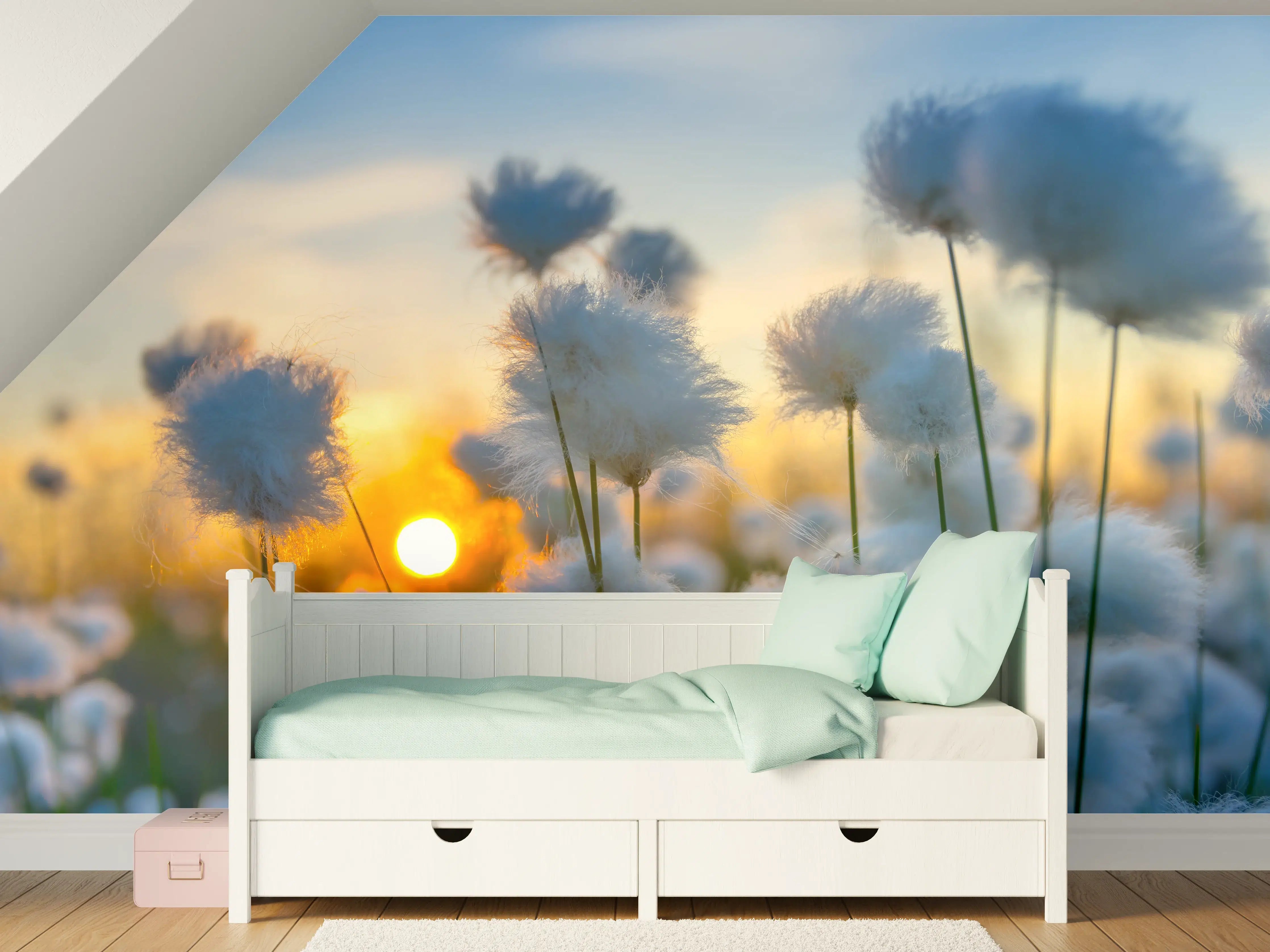 Kinderzimmer Wandgestaltung - Baumwollgras bei Sonnenuntergang