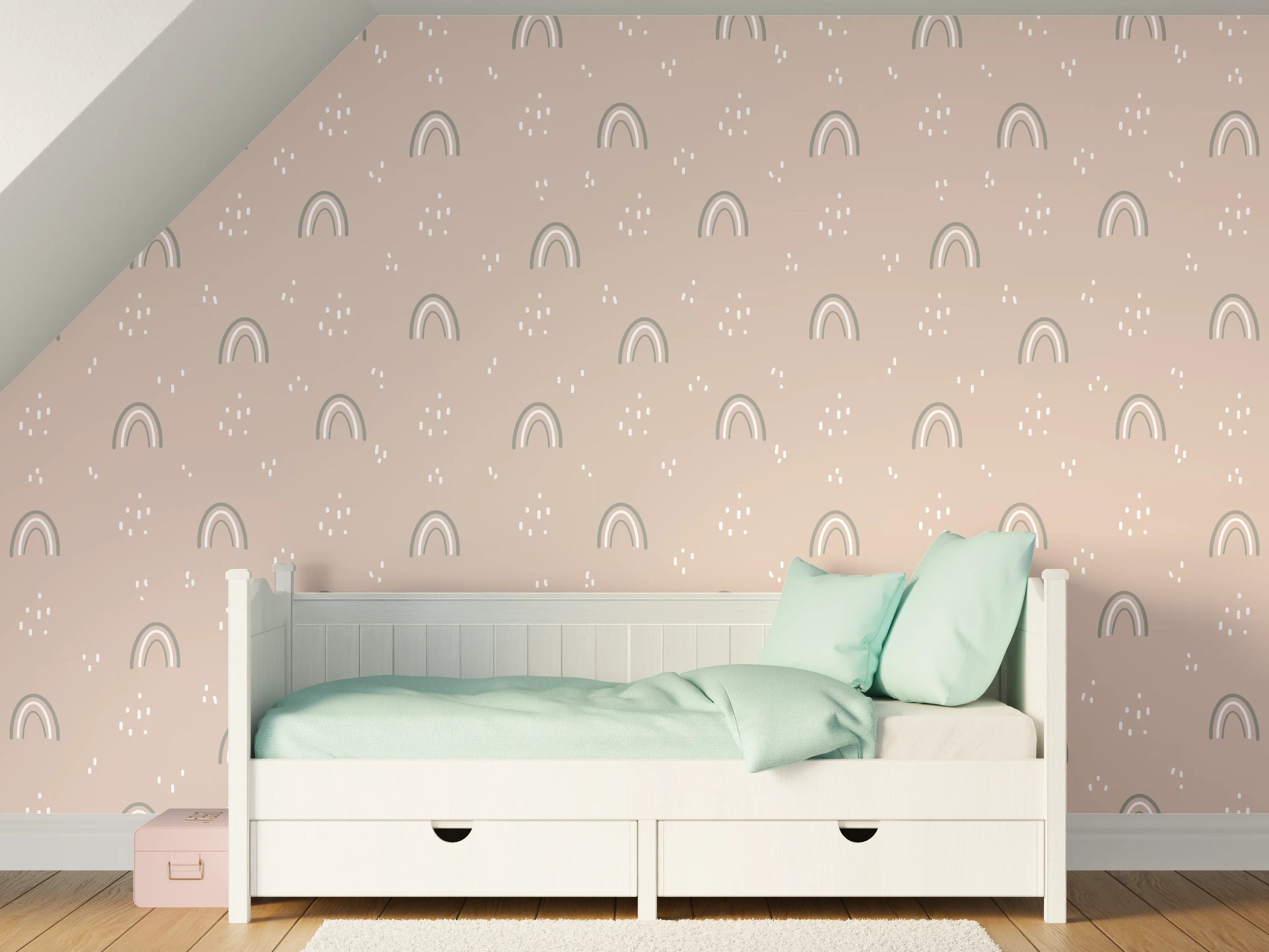 Kinderzimmer Wandgestaltung - Beige Bäume und Regenbogen Muster