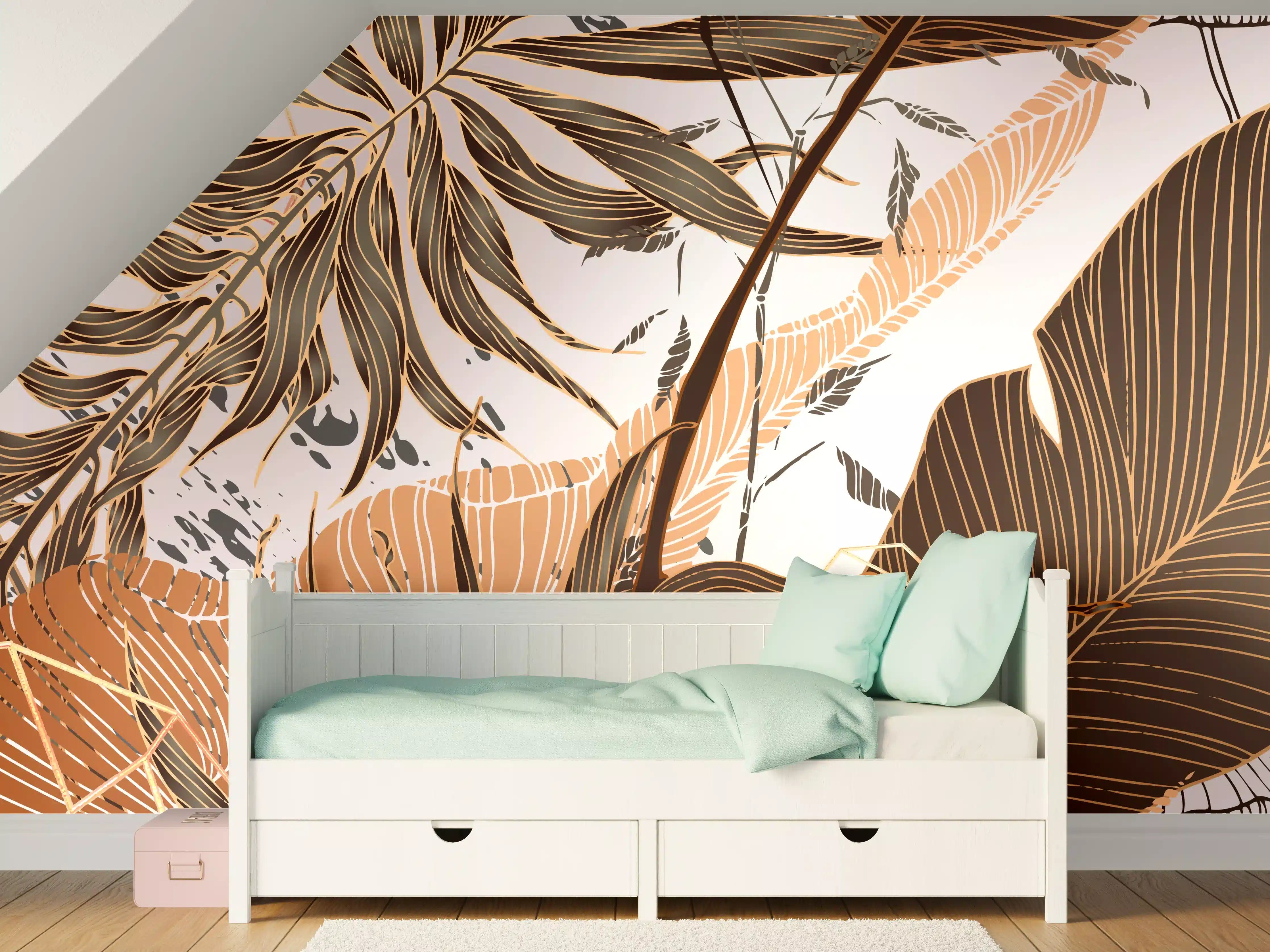 Kinderzimmer Wandgestaltung - Beige Blattmuster Tapete