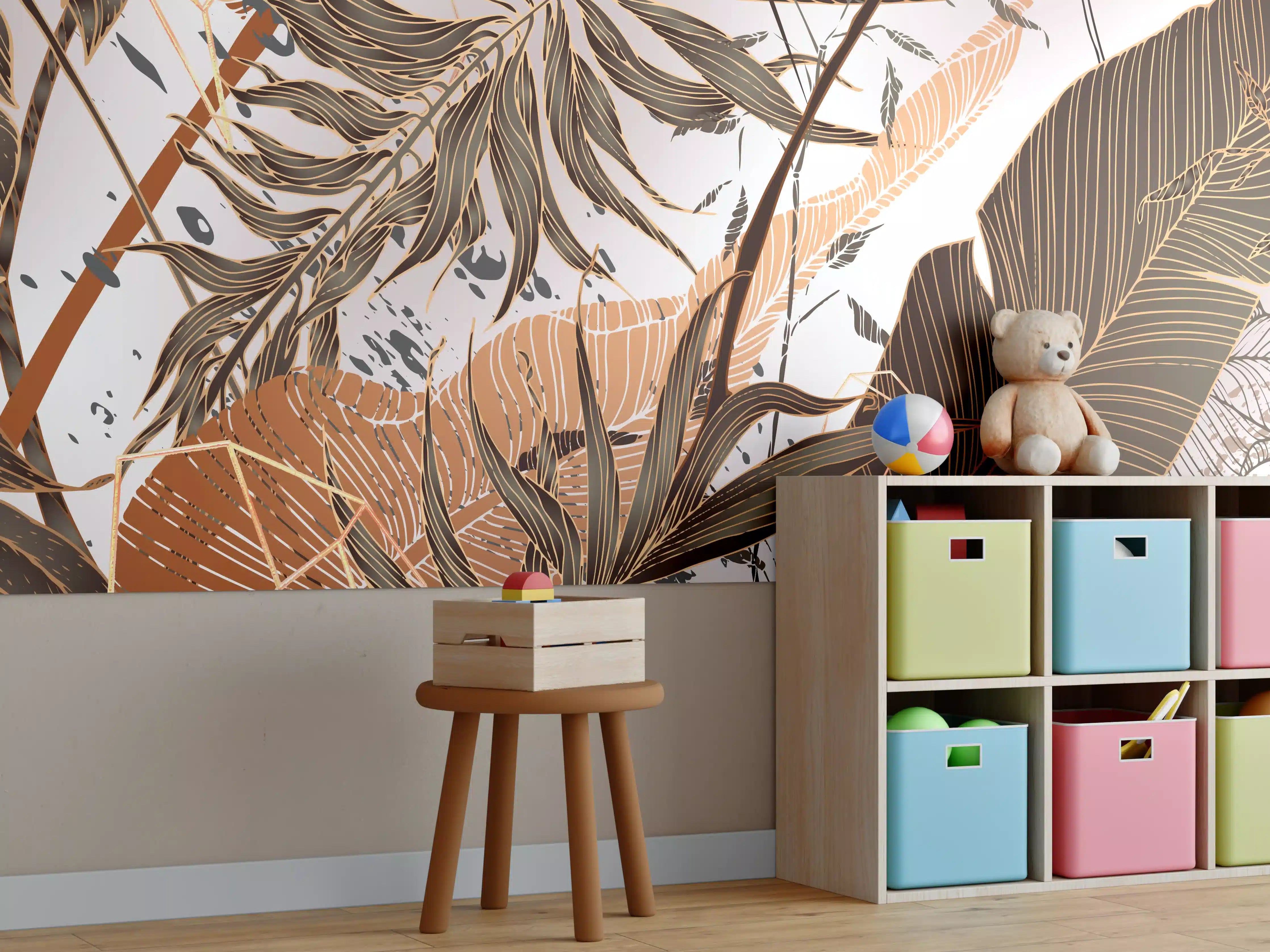 Kinderzimmer Wandgestaltung - Beige Blattmuster Tapete