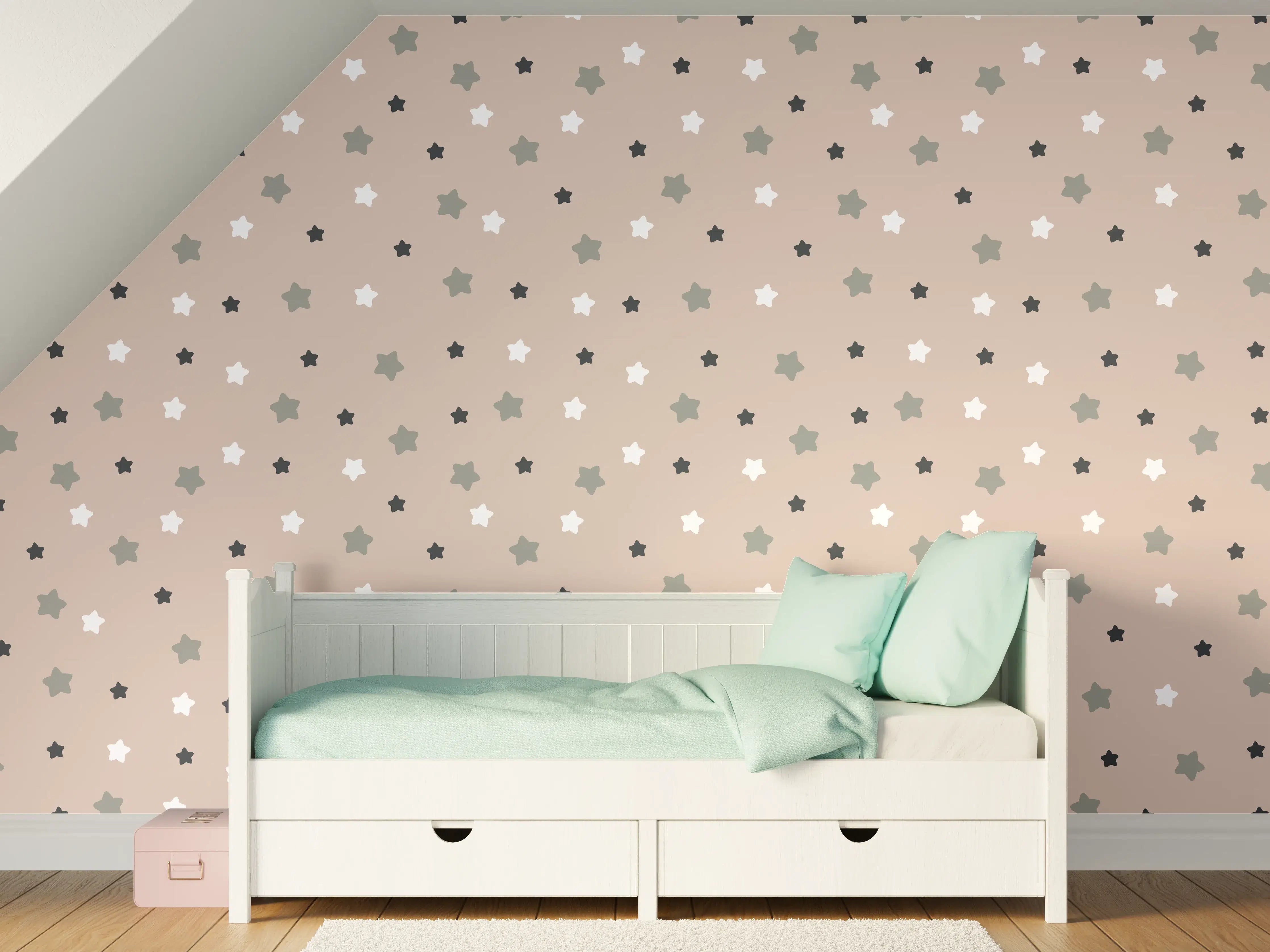 Kinderzimmer Wandgestaltung - Beige Hintergrund mit schwarzen und hellgrauen Sternen