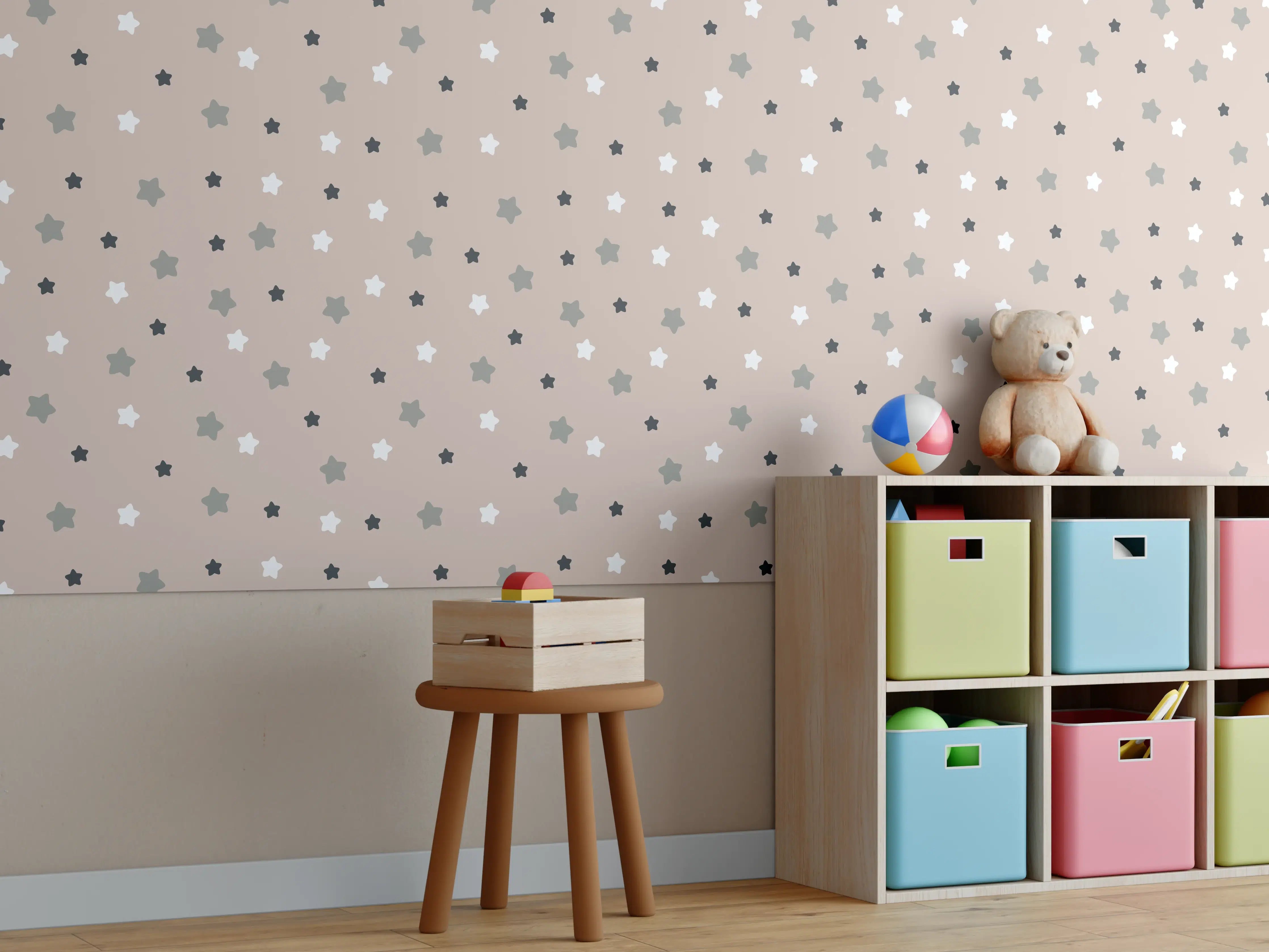 Kinderzimmer Wandgestaltung - Beige Hintergrund mit schwarzen und hellgrauen Sternen