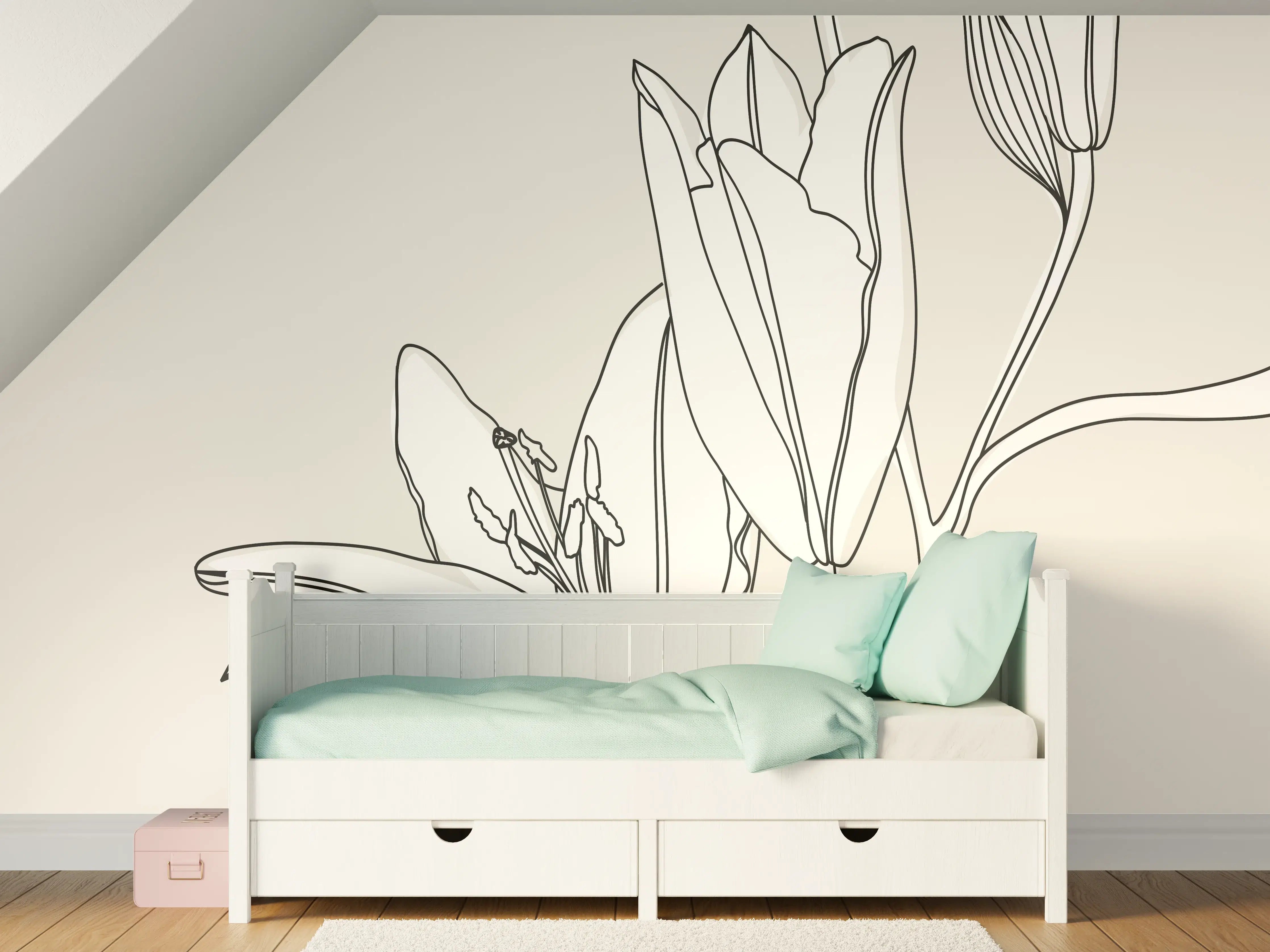 Kinderzimmer Wandgestaltung - Beige Lilien Linienkunst