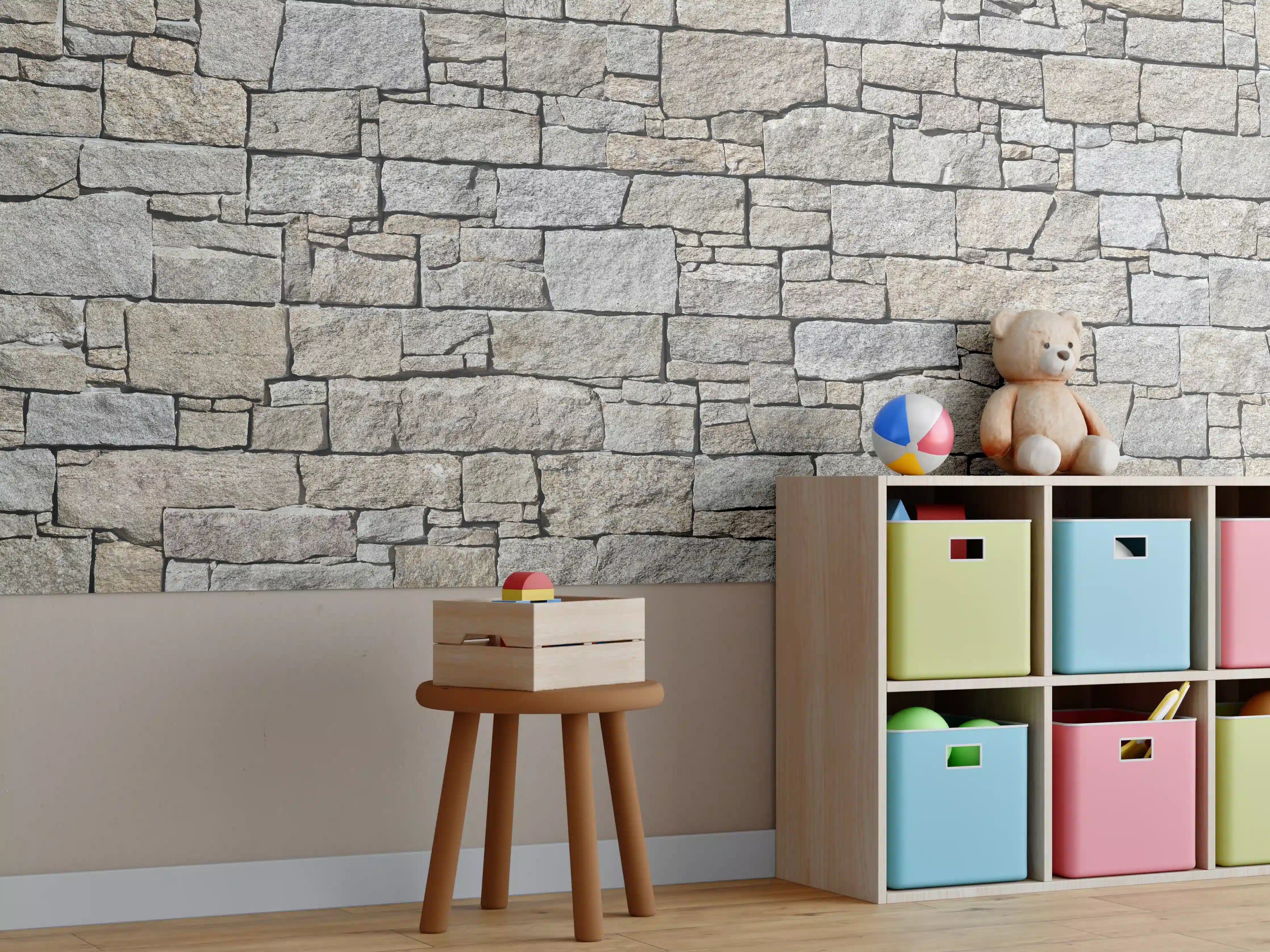 Kinderzimmer Wandgestaltung - Beige Natursteinmauer Struktur