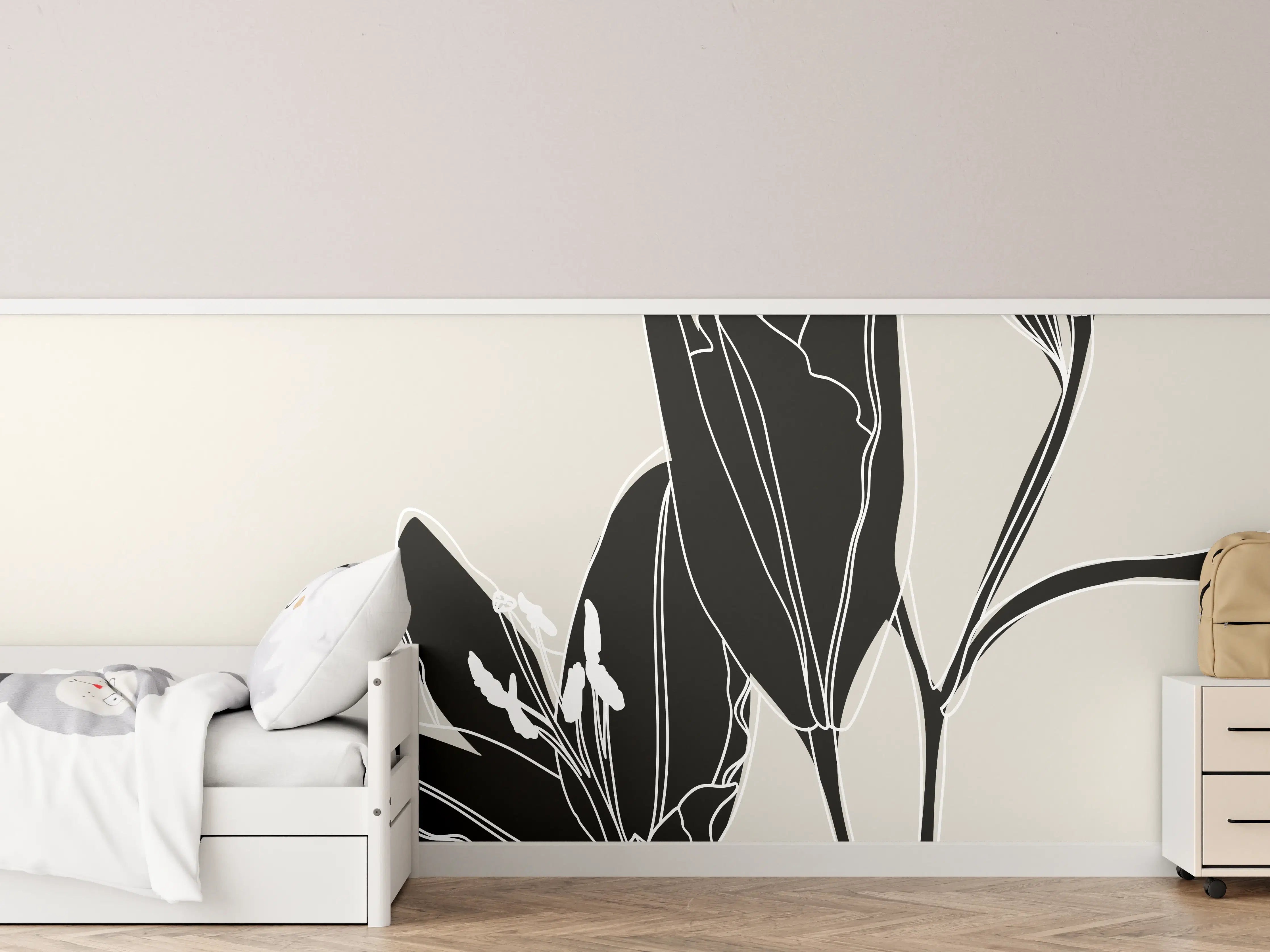 Kinderzimmer Wandgestaltung - Beige Schwarze Lilien Lineart