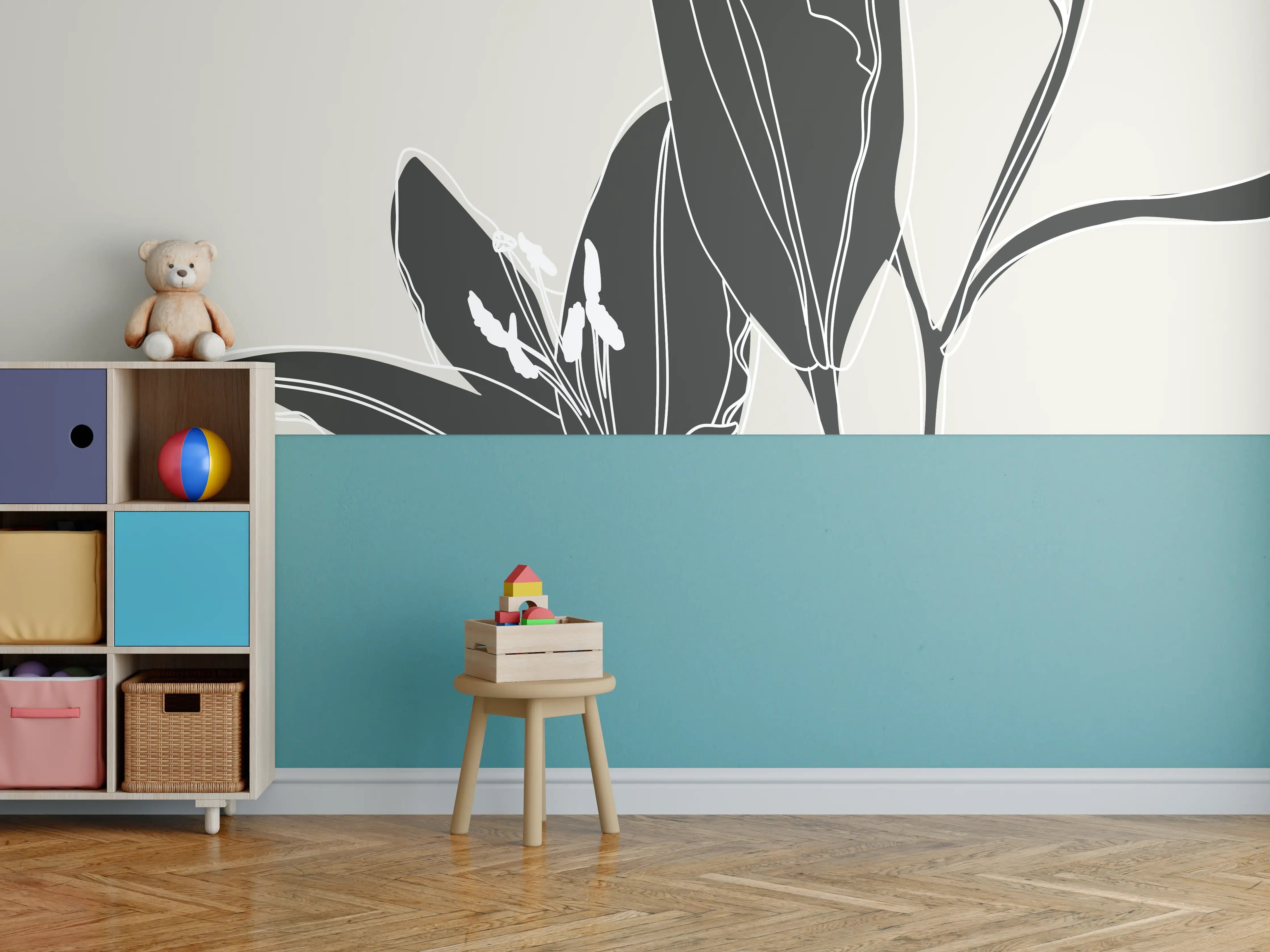 Kinderzimmer Wandgestaltung - Beige Schwarze Lilien Lineart