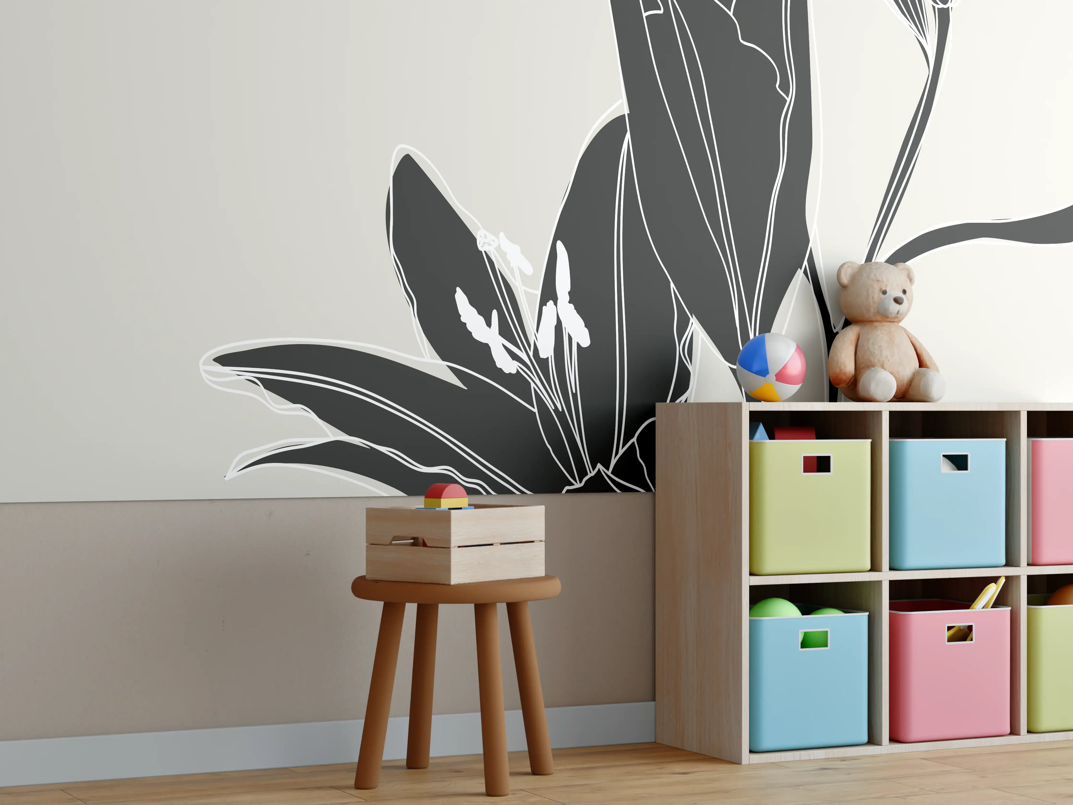 Kinderzimmer Wandgestaltung - Beige Schwarze Lilien Lineart
