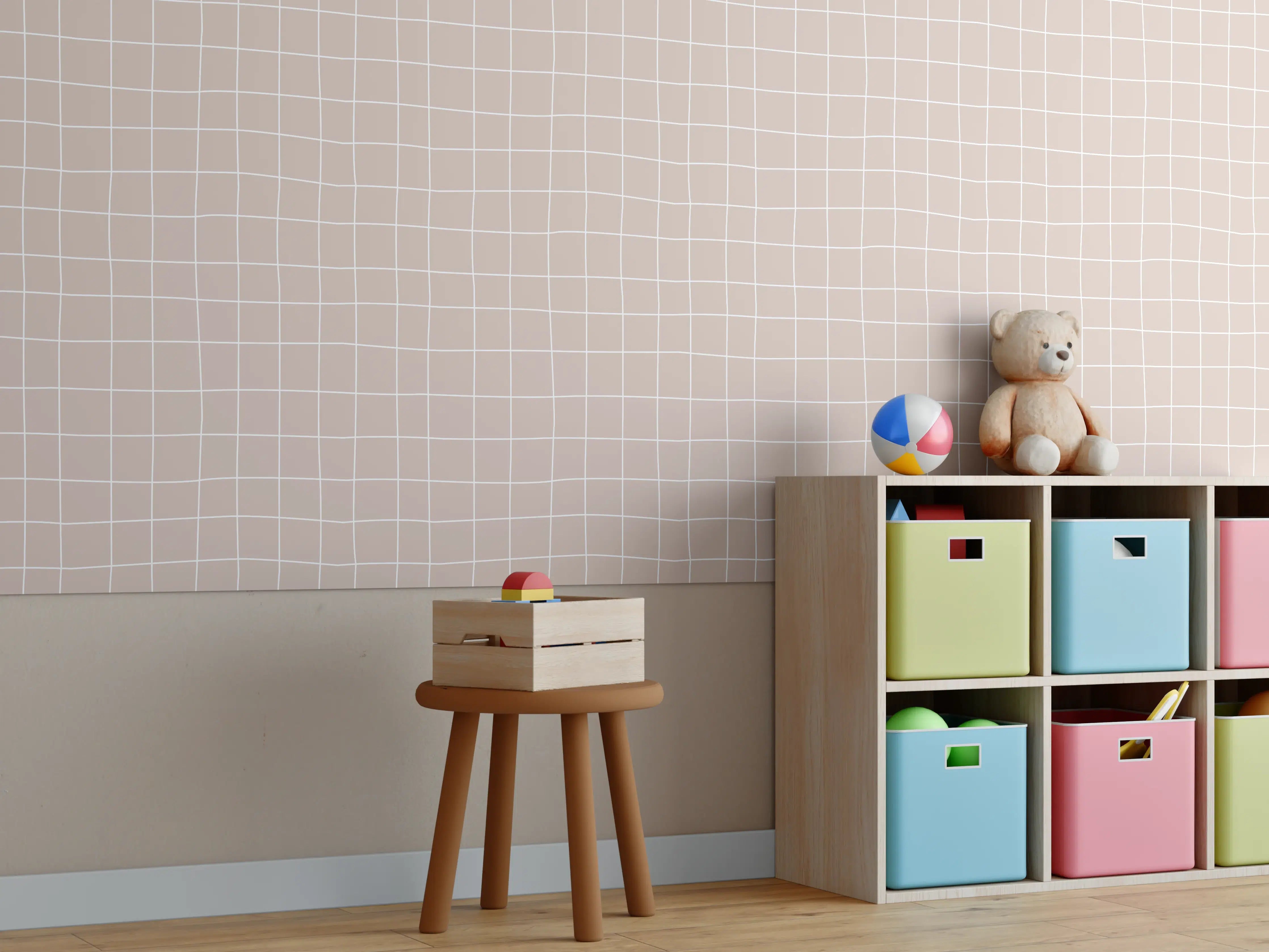 Kinderzimmer Wandgestaltung - Beige Wand mit weißem Schachbrettmuster