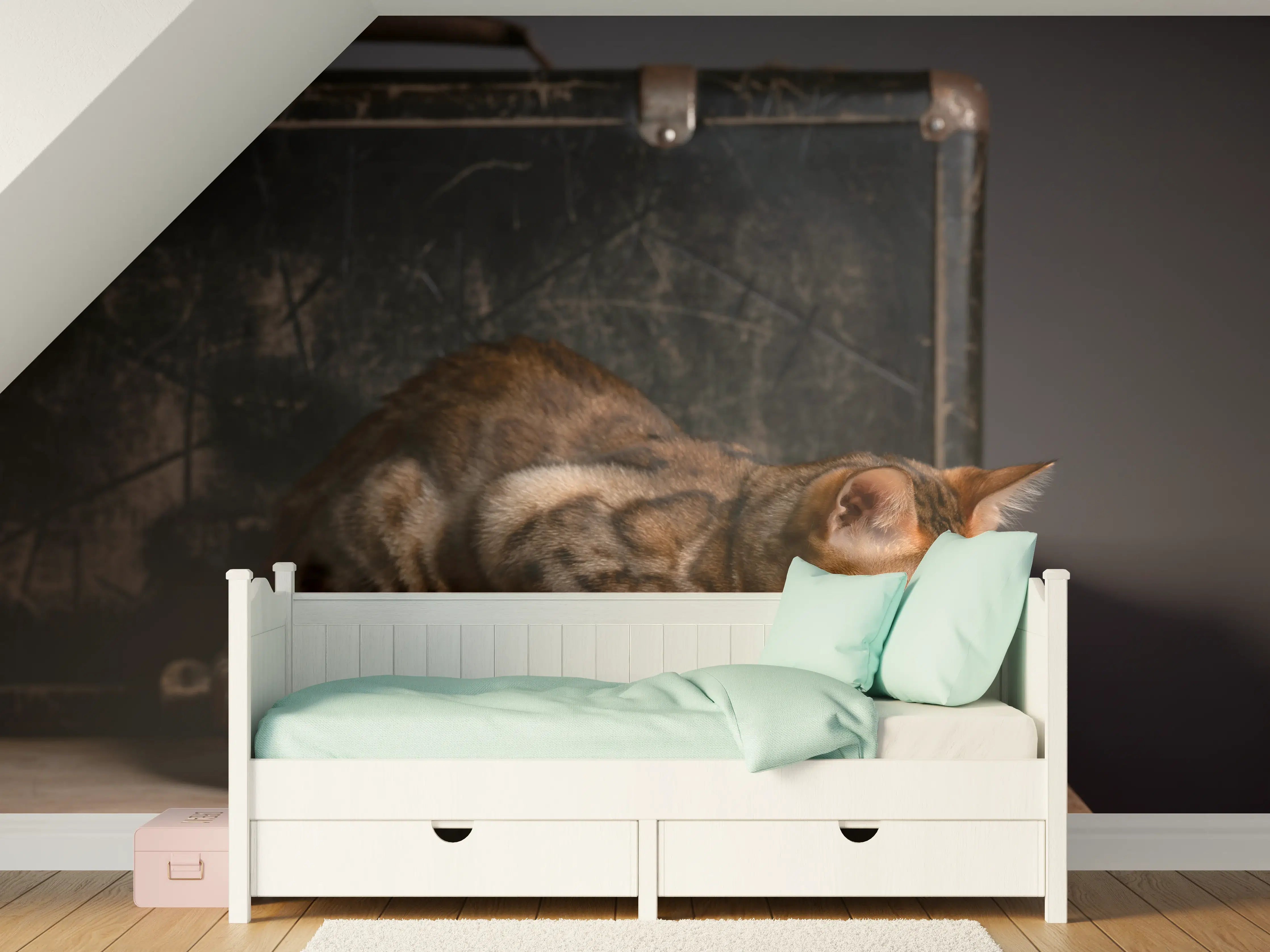 Kinderzimmer Wandgestaltung - Bengalkatze auf Holztisch