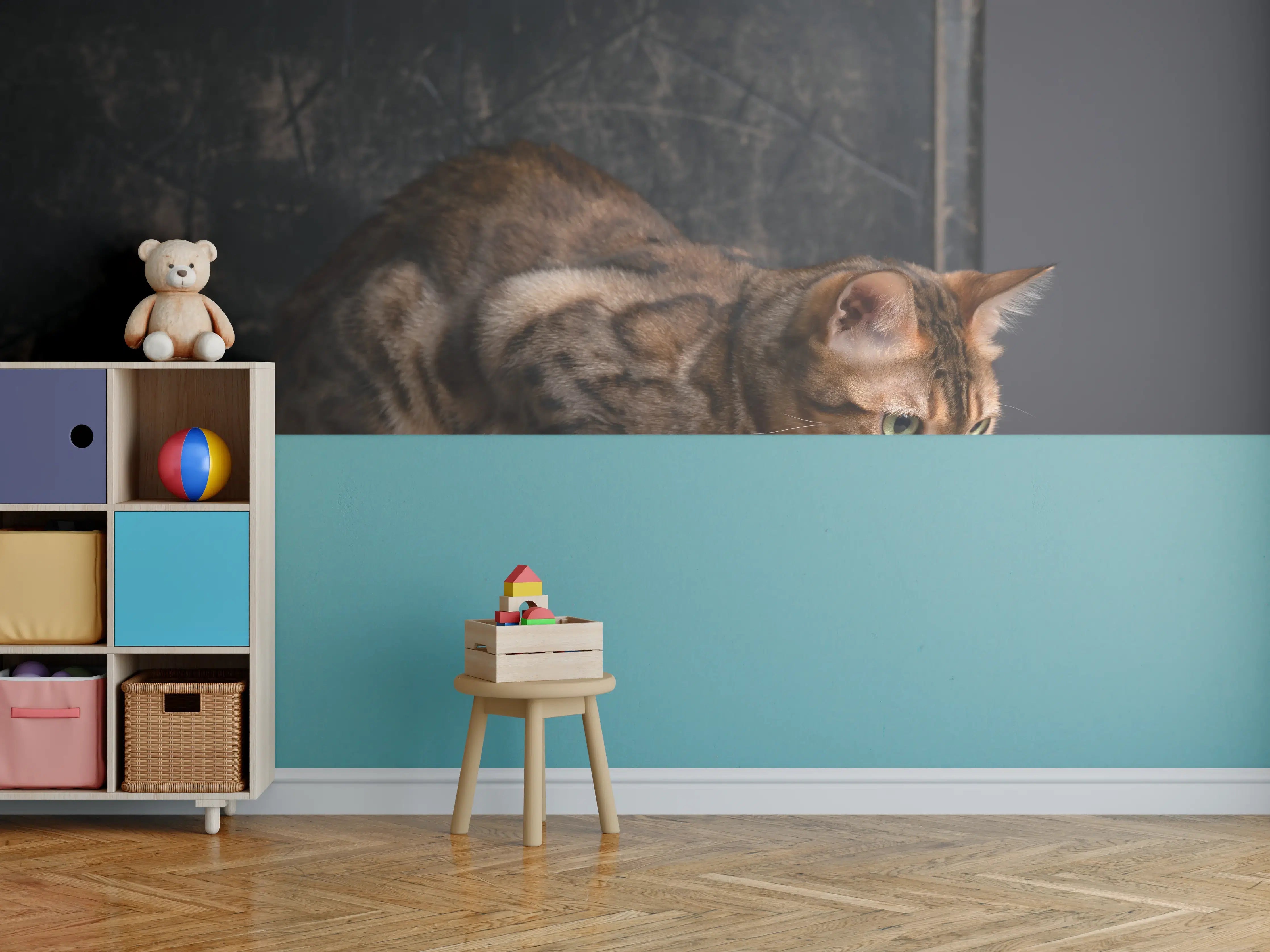 Kinderzimmer Wandgestaltung - Bengalkatze auf Holztisch