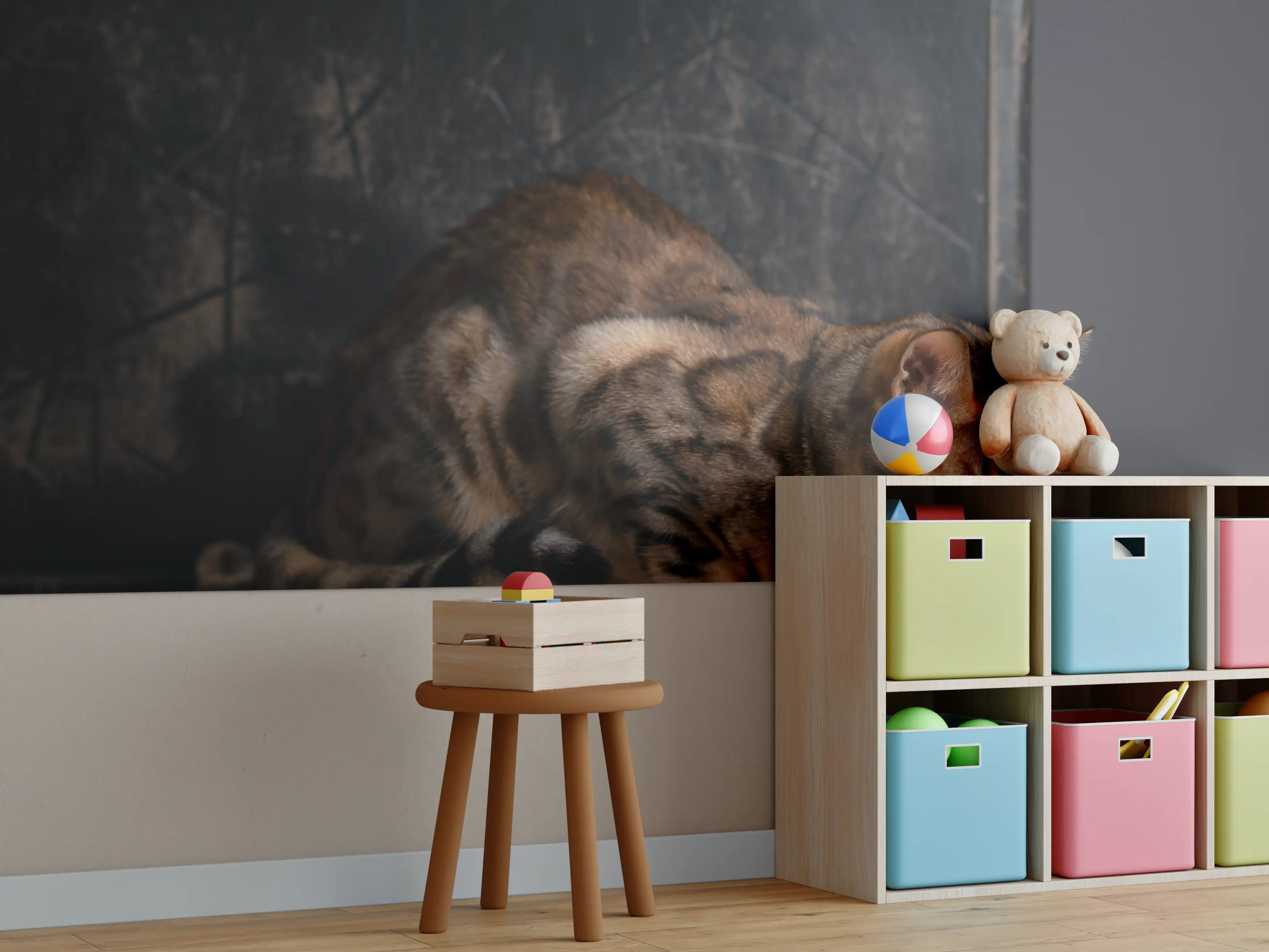 Kinderzimmer Wandgestaltung - Bengalkatze auf Holztisch
