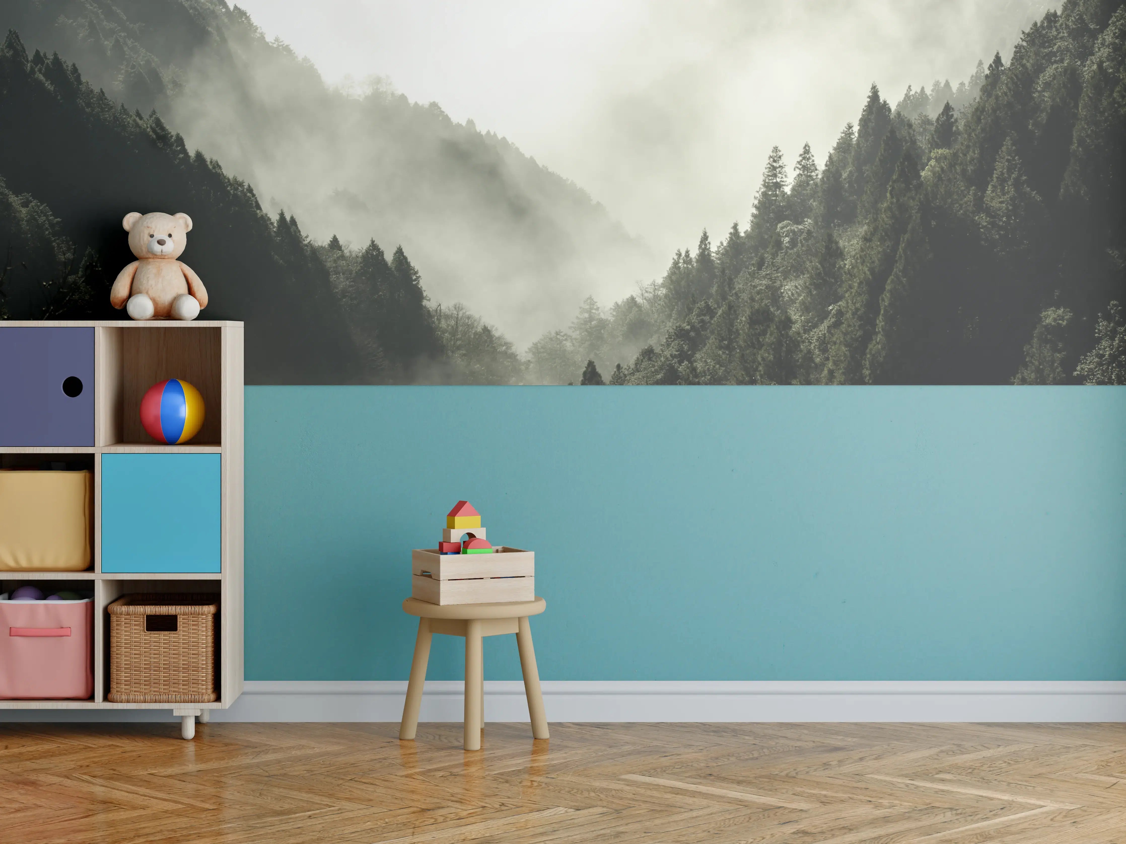 Kinderzimmer Wandgestaltung - Berg bedeckt in Nebel und Wolken