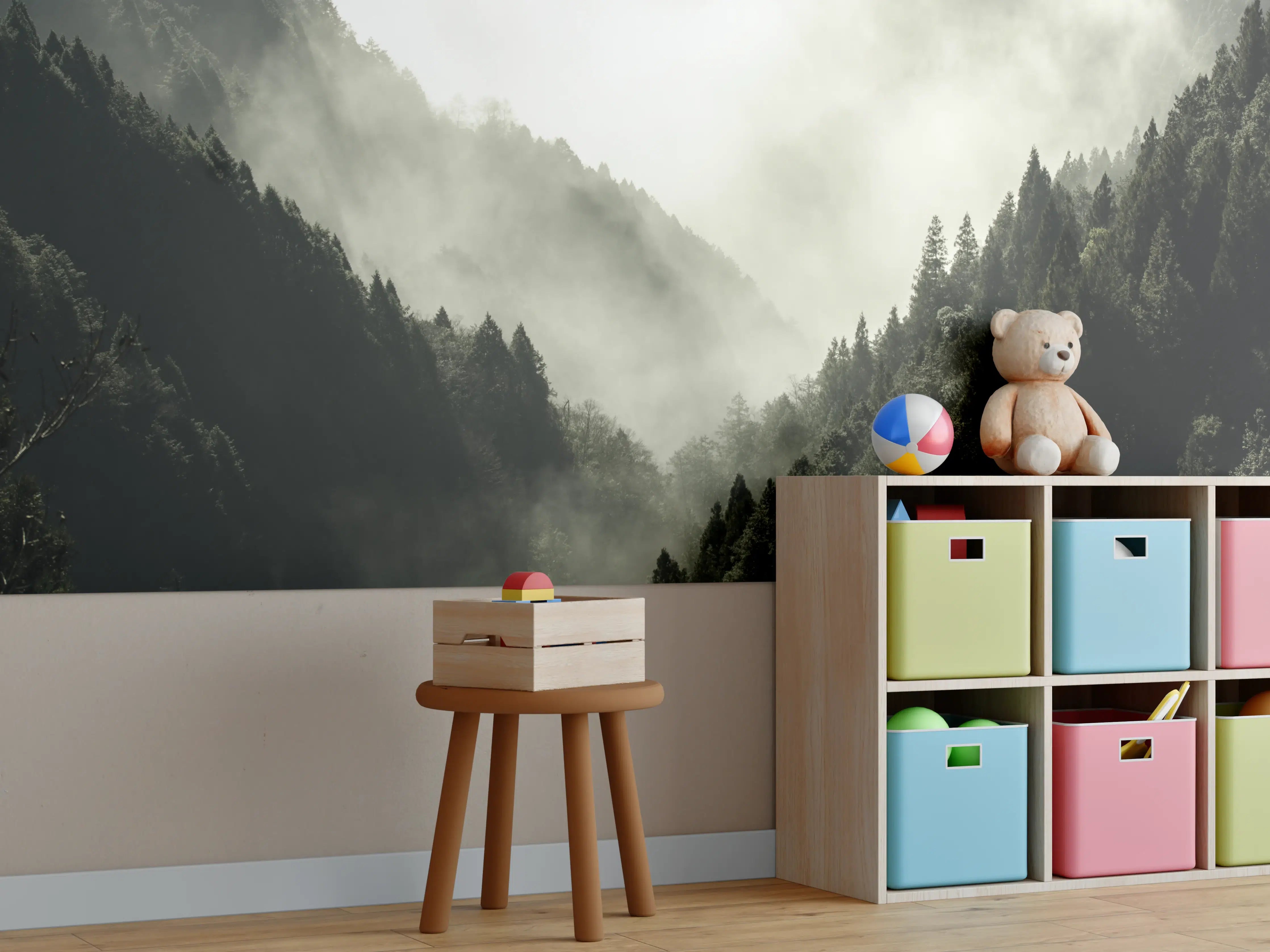 Kinderzimmer Wandgestaltung - Berg bedeckt in Nebel und Wolken