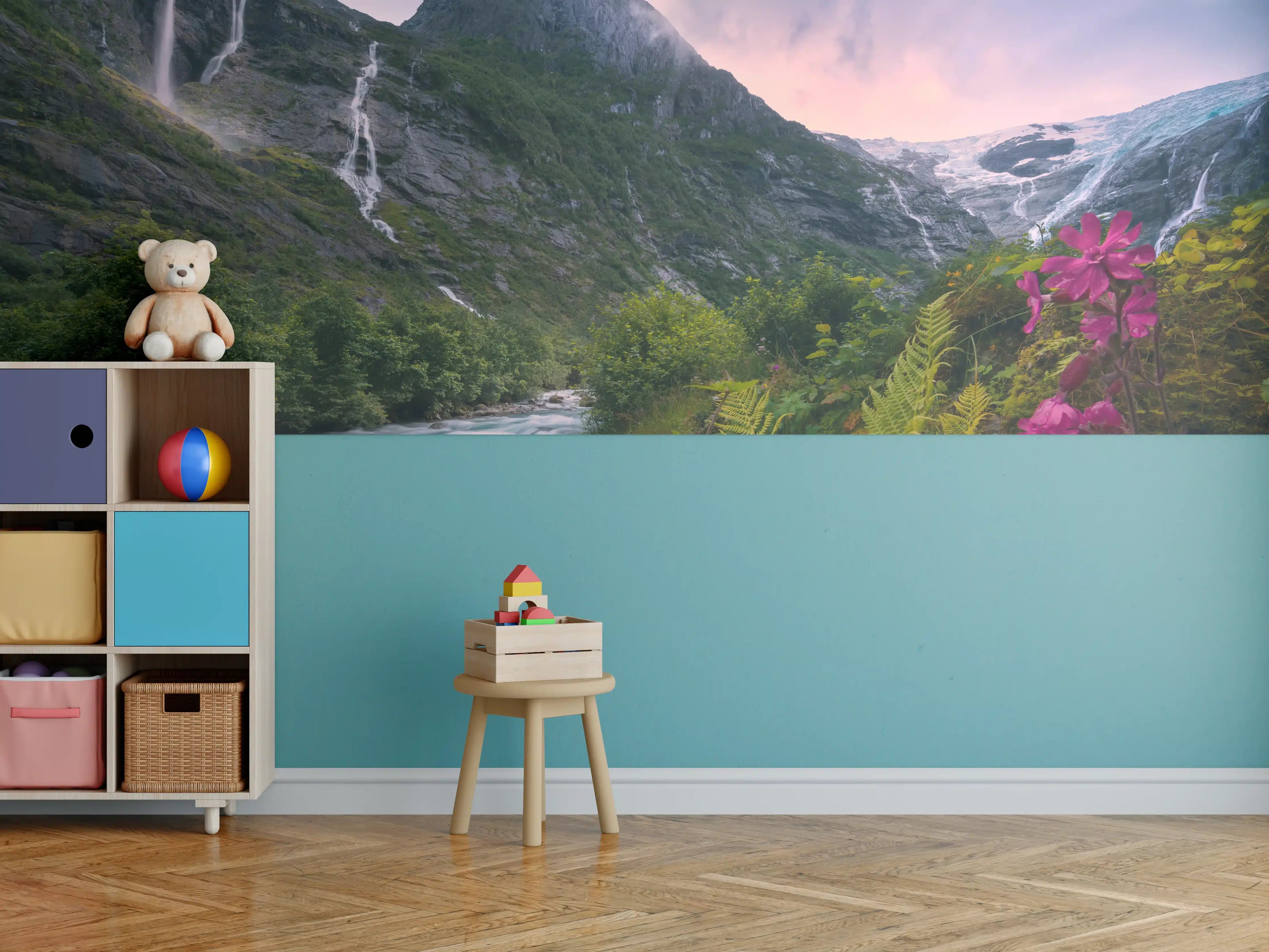 Kinderzimmer Wandgestaltung - Berglandschaft Norwegens mit Wasserfällen