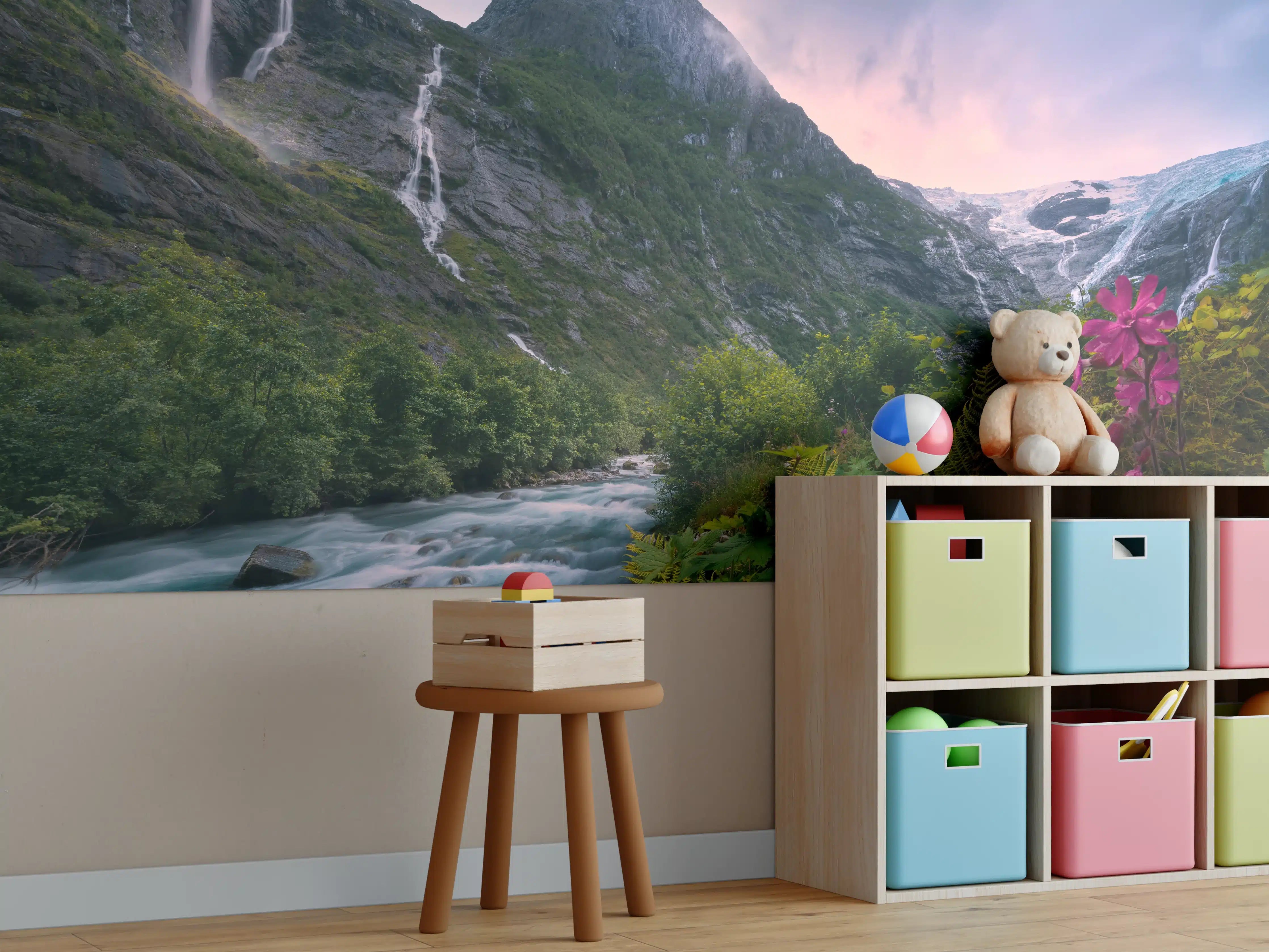 Kinderzimmer Wandgestaltung - Berglandschaft Norwegens mit Wasserfällen