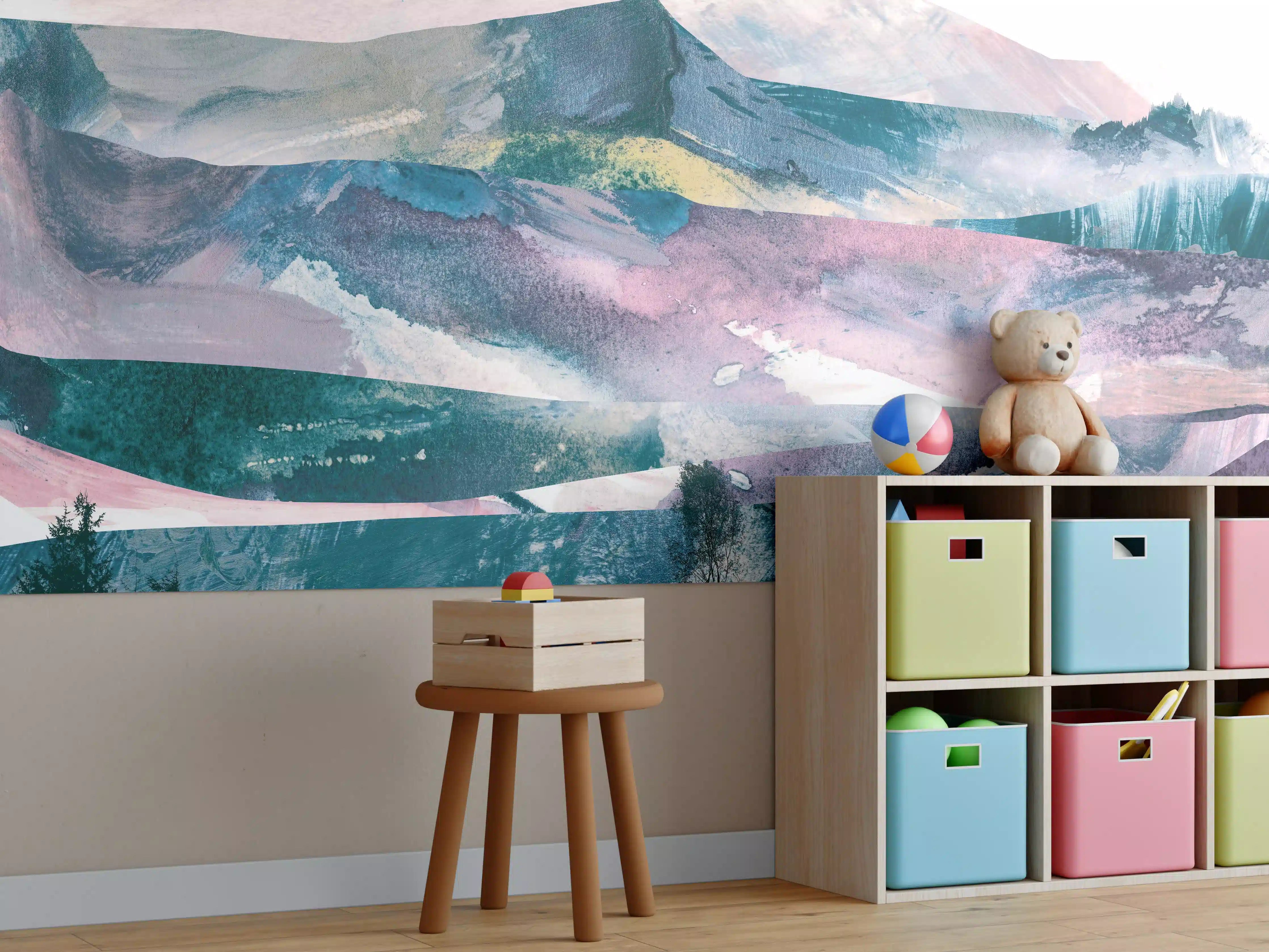 Kinderzimmer Wandgestaltung - Bergpanorama in Farbabstraktion