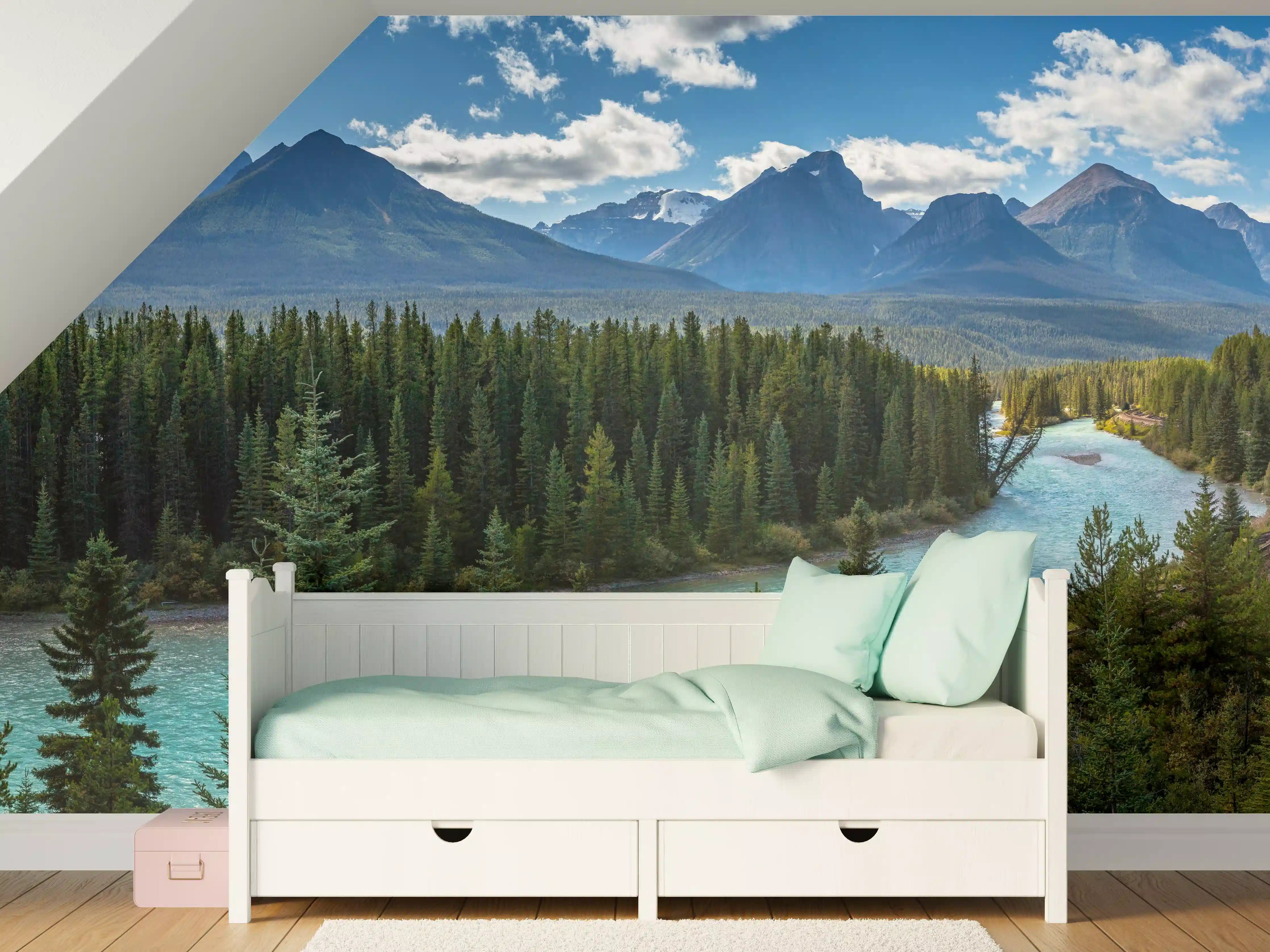 Kinderzimmer Wandgestaltung - Bergpanorama mit Fluss in Neuseeland